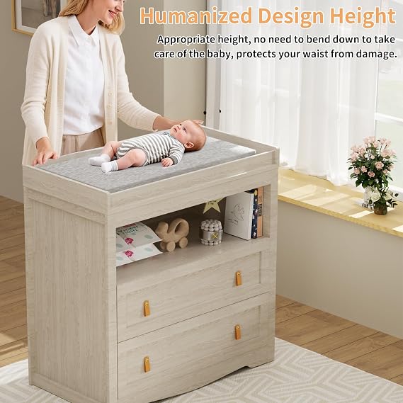Baby Dresser Changing Table with 2 Drawers 35.4 Changing Table Dresser with Changing Table Top and 1 Open Shelf Diaper Changing Station with Storage for Nursery Children's Room Beige