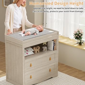 Baby Dresser Changing Table with 2 Drawers 35.4 Changing Table Dresser with Changing Table Top and 1 Open Shelf Diaper Changing Station with Storage for Nursery Children's Room Beige