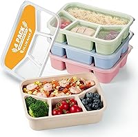Vista 1 de 4 Pack Bento Lunch Box, 4 Compartment Wheat Straw Meal Prep Containers for Kids/Toddle/Adults, BPA Free Reusable Food Storage Containers, Durable