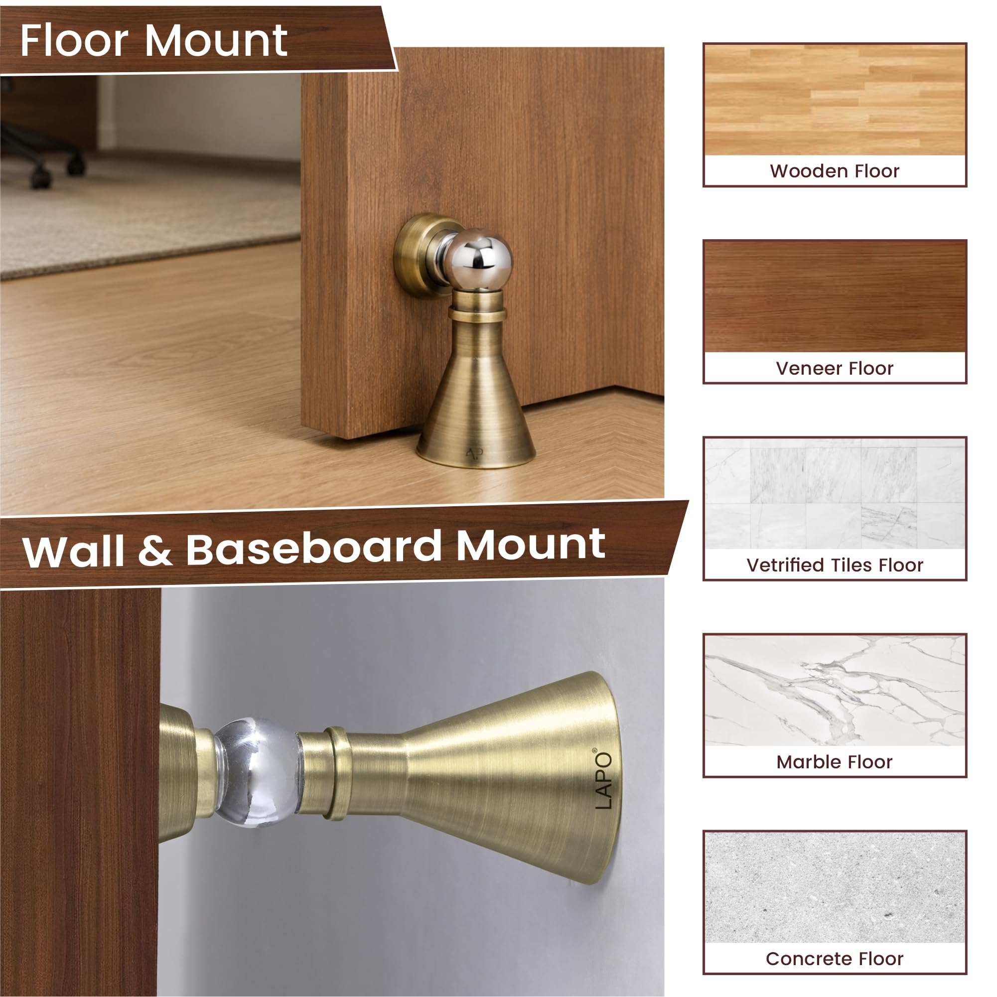 LAPO Premium Stainless Steel Magnetic Door Stopper | Soft-Close Door Catch | Adjustable Angle Design | 360° Hold | Strong Door Holding | Quick Installation | Antique Finish | Pack of 1 — Amazon image 5