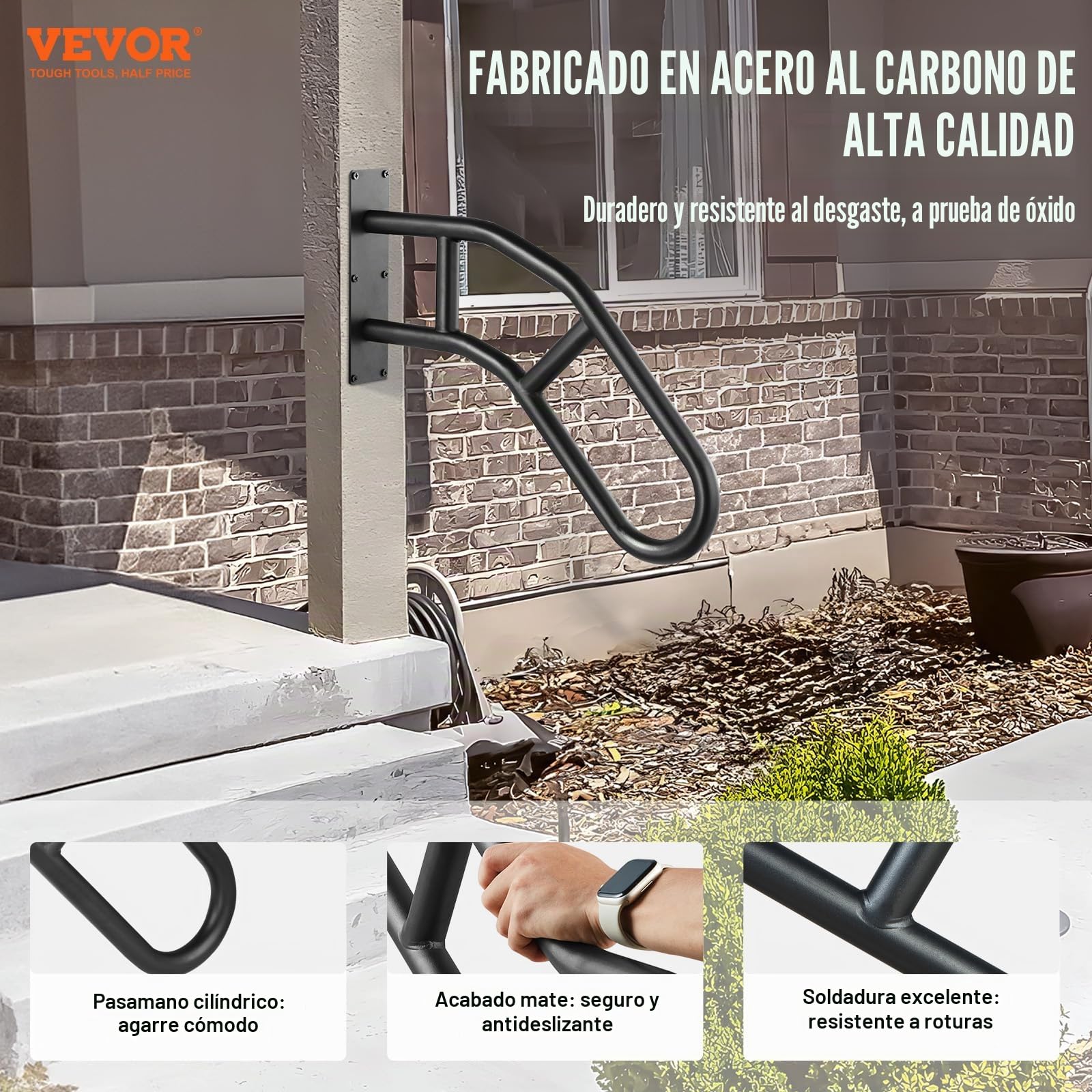 VEVOR Pasamanos de Escalera para Escalones Exteriores 813 mm Barandilla de Seguridad Montado en Pared para 1-3 Escalones Acabado Negro Mate para Personas Mayores, Embarazadas, Discapacitadas