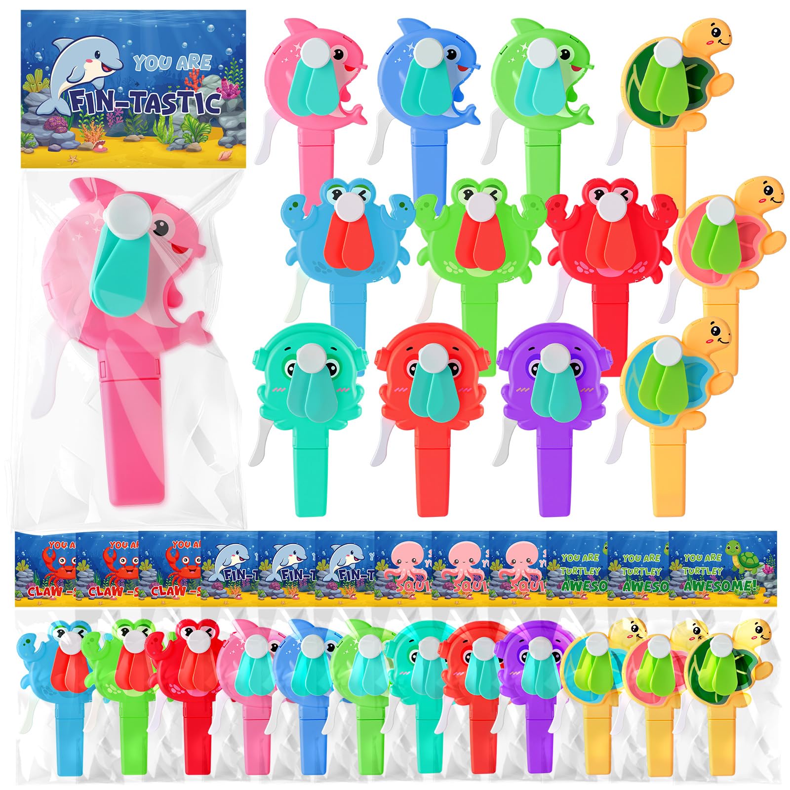 Kittmip 24 Pack Mini Portable Fans with Cards Gifts Cute Animal Fruit Ice Cream Handheld Press Cooling Fans for Summer Birthday Party End of the Year