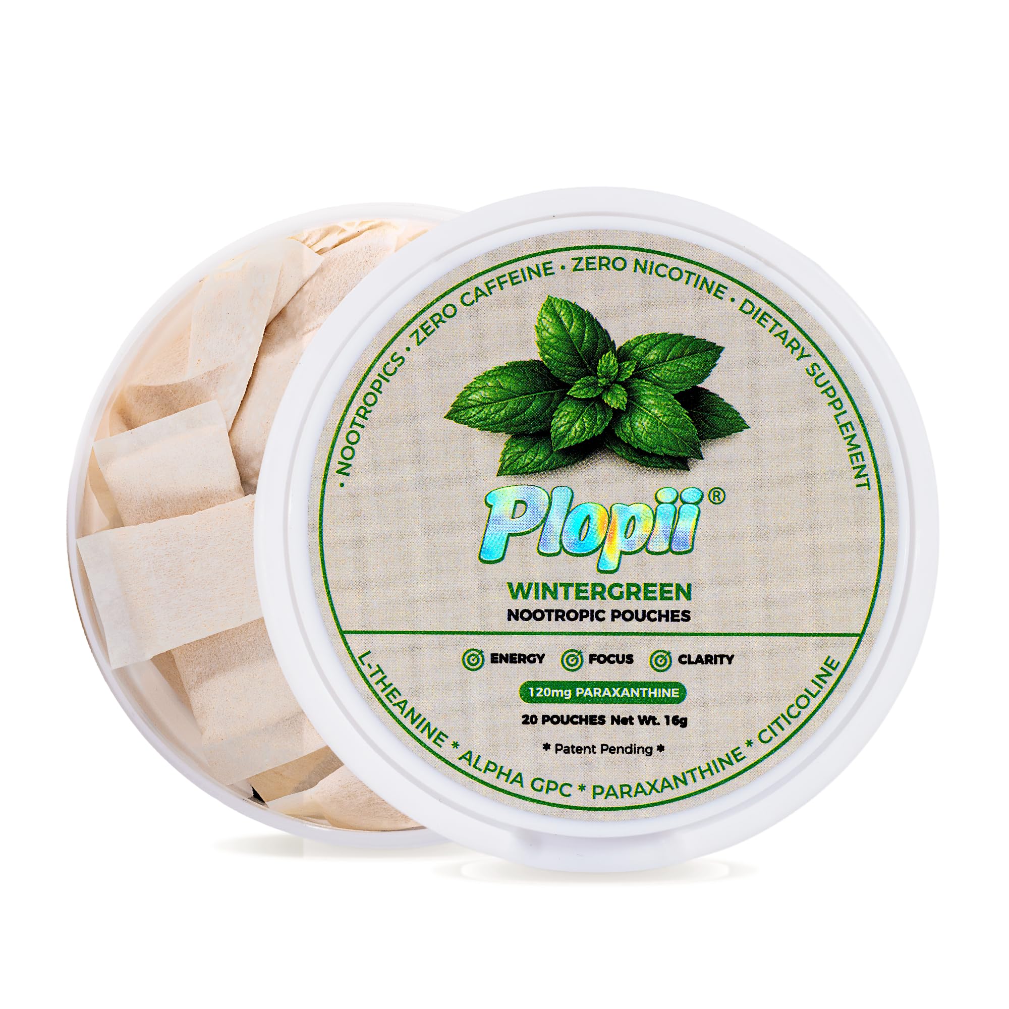 Plopii Focus Nootropic Pouches, 120mg Paraxanthine, Pre-Workout, 20 Count Wintergreen