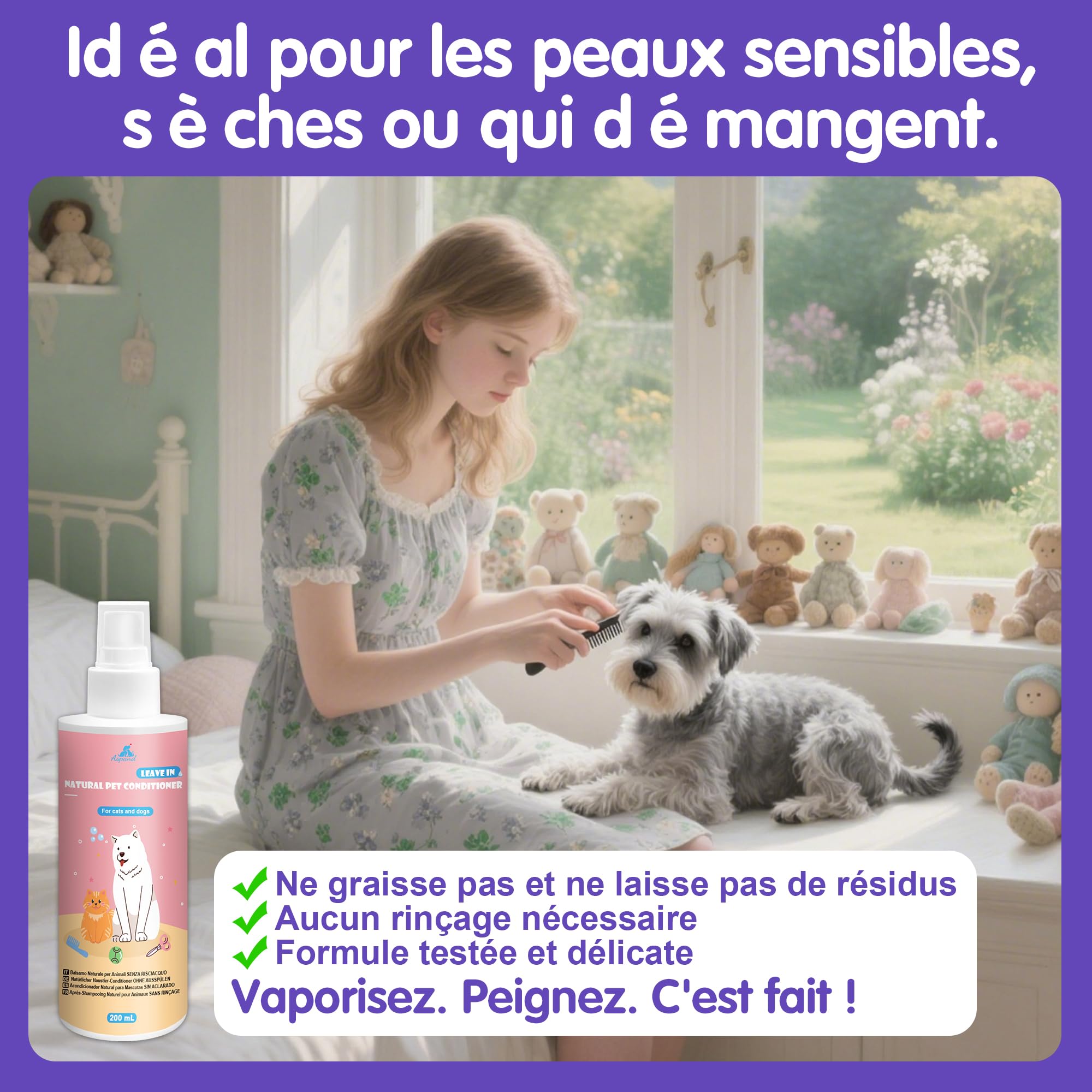 Spray Démêlant pour Chien et Chat, 200ml sans Rinçage, Action Démêlante, Hydratante, Antioxydante Régénérante et Antioxydante, Adapté aux Animaux Domestiques à la Peau Sèche, Irritée, Sensible