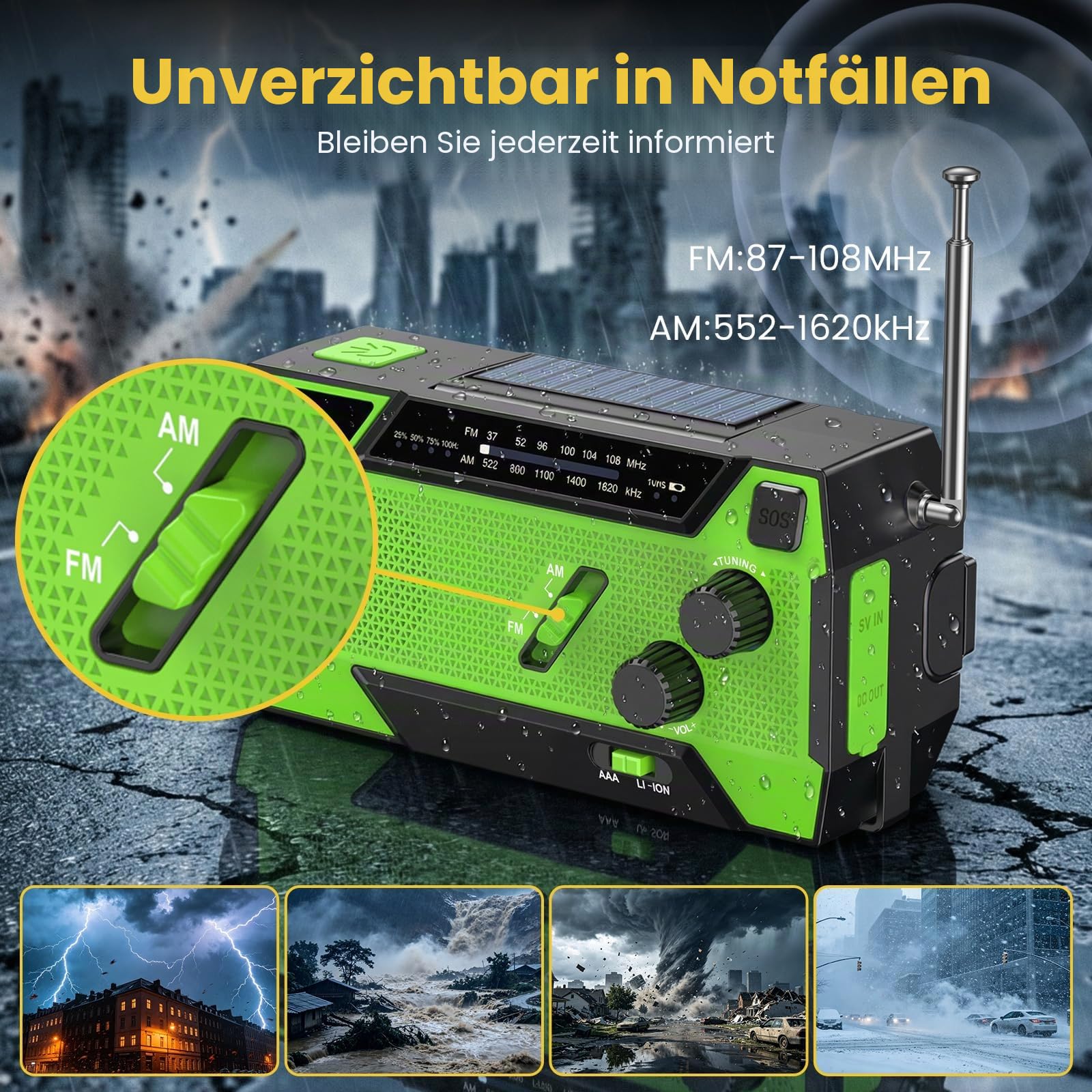 Kurbelradio, Radio mit Kurbel und Solar Notfall Ausrüstung mit 3 integrierten Kabeln, 4000mAh Notfallradio Emergency Power Bank mit LED Taschenlampe, AM/FM mit SOS Alarm für Survival, Ourdoor, Camping