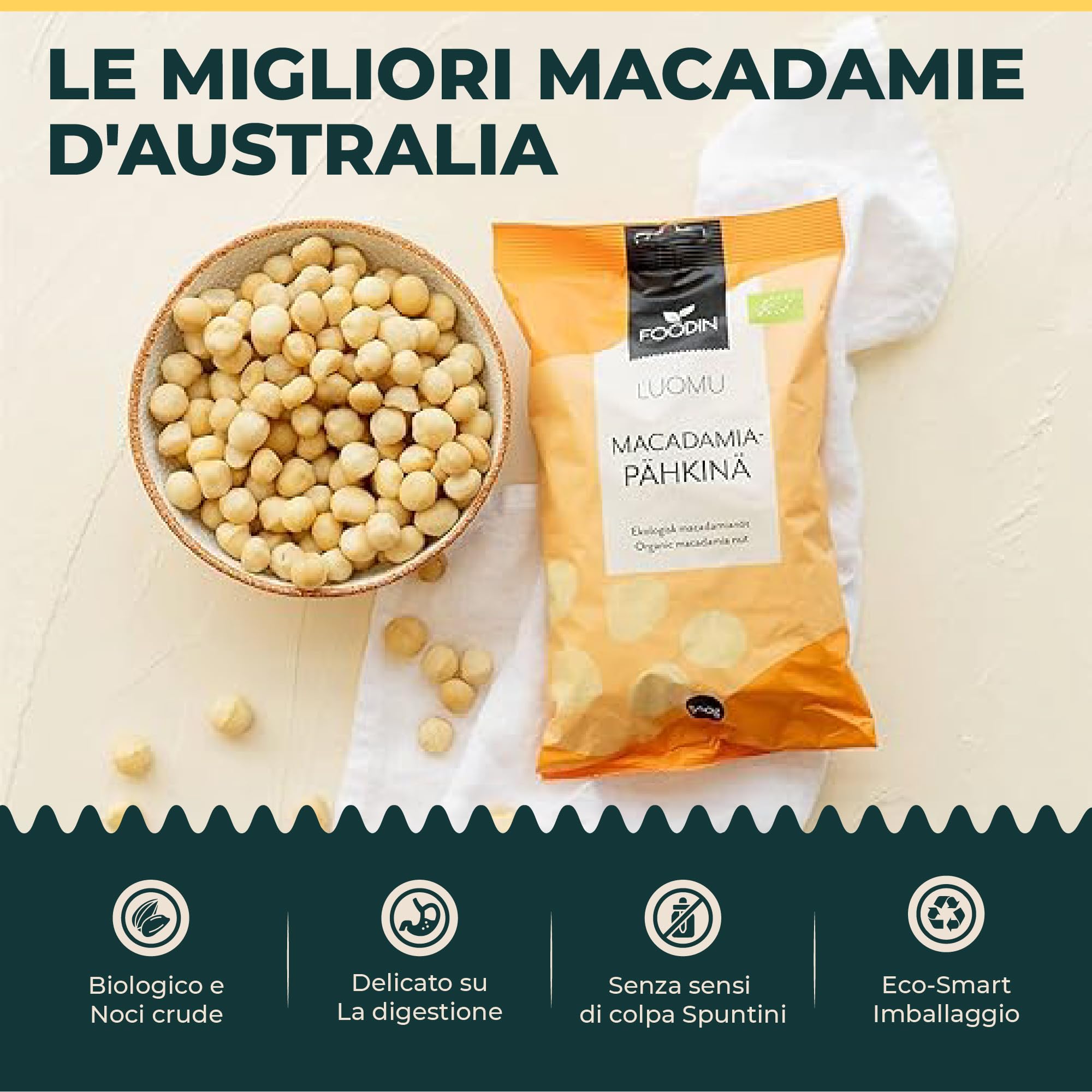 FOODIN Noci di Macadamia Biologiche 1kg – Frutta secca cruda e naturale, senza glutine e vegana. Ricche di grassi insaturi, ideali come snack o per ricette dolci e salate (2x500g)