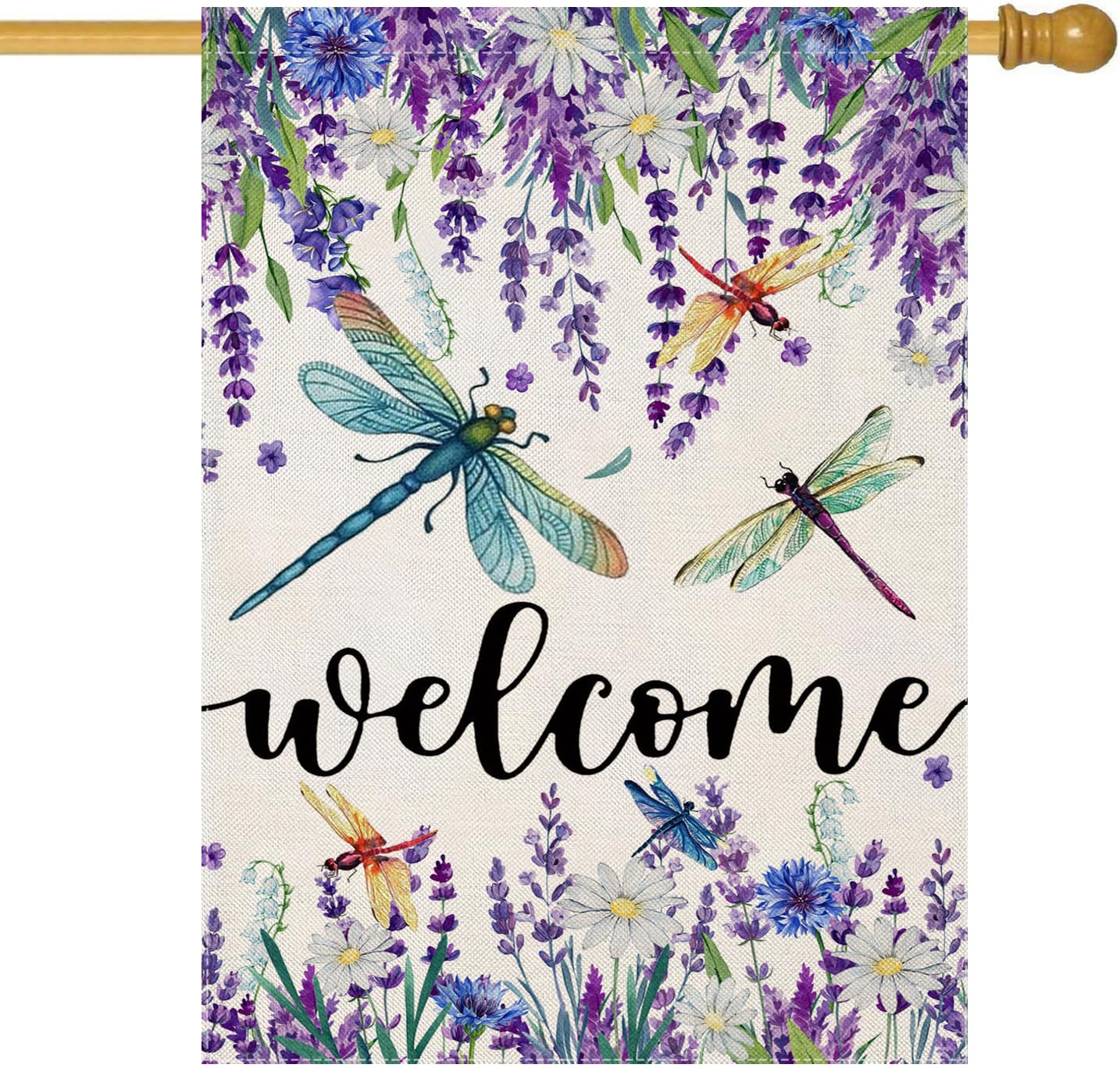 EKOREST Welcome Spring House Flags for Outdoor Decoration, Watercolor Lavender with Dragonfly Large Yard Flag,Seasonal Decorative Decor for Summer