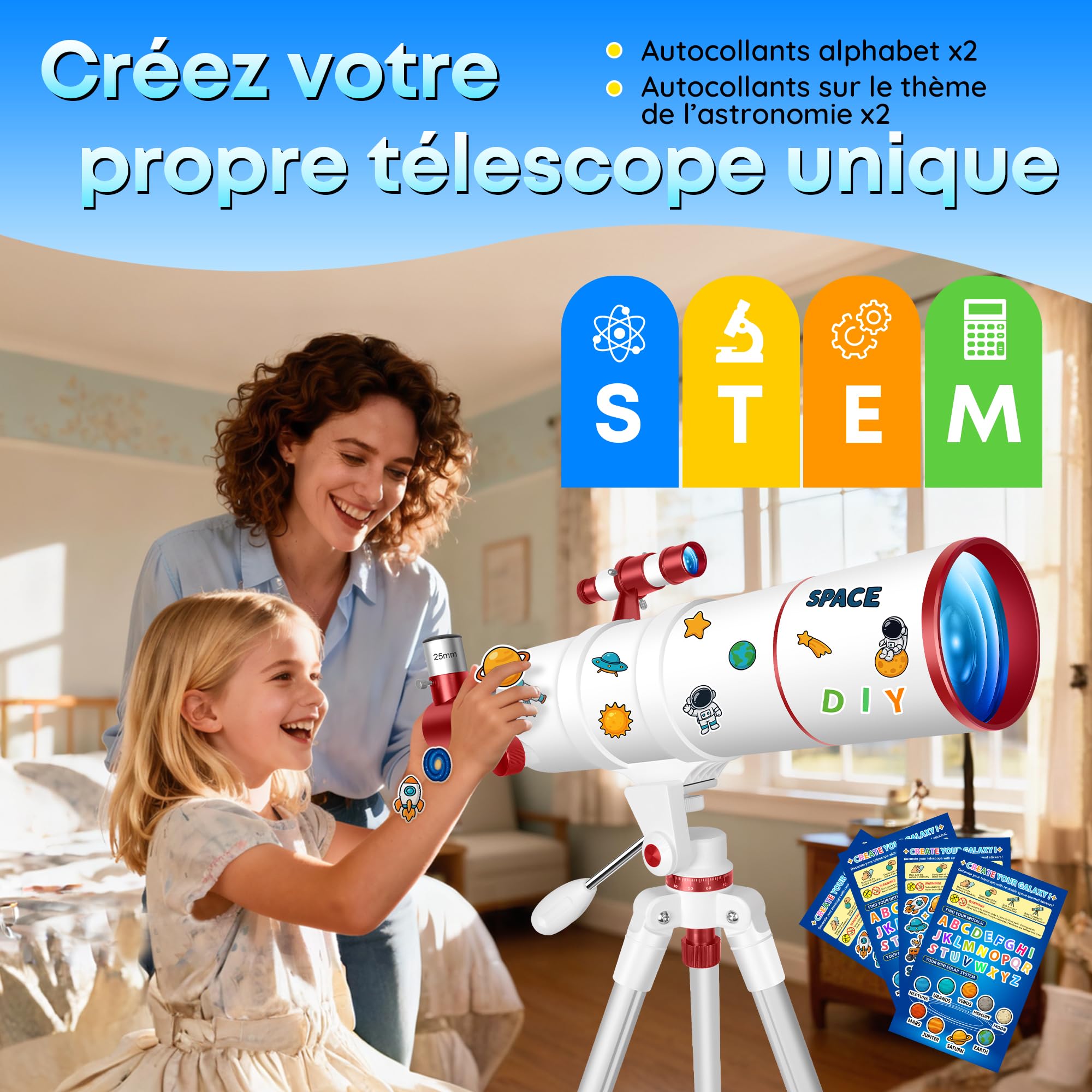HETEKAN Télescope pour Adultes Enfants et Débutants, Réfracteur Portatif 90mm 550mm (22X-165X) avec Trépied AZ, Adaptateur Téléphone, Sac de Transport et Autocollants Décoratifs