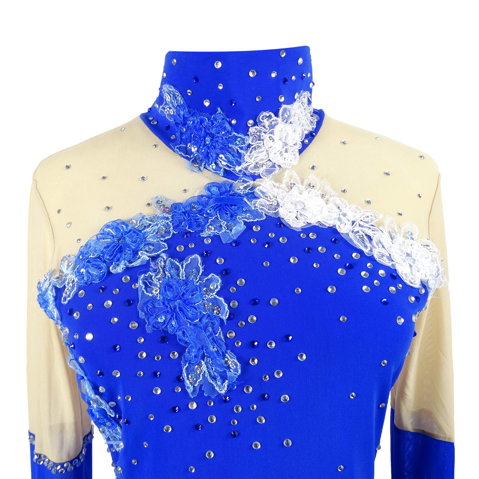 LIUHUO Robe Bleue de Patinage Artistique,Jupe de Patinage à Manches Longues sur Glace,Robes de compétition Spandex Manches Doigts Jupe en Maille