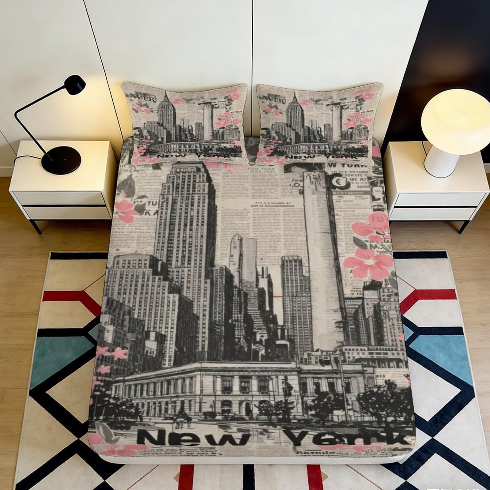 Dhbaneiok Style-2 3D Printed New York City Skyline Fitted Sheet Microfiber Soft Urban Architectural Bed Sheet Bedroom Dorm Decor 90X200x25cm