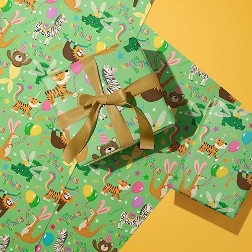 Miniatura 4 de WRAPAHOLIC Rollo de papel de regalo de animales para niños, mini rollo, 17 pulgadas x 33 pies, diseño de cumpleaños de animales de bebé, perfecto