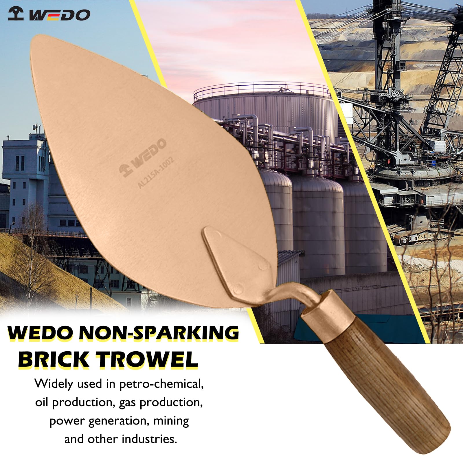 WEDO Albañil con hoja recta y mango de madera cómodo, herramienta de seguridad sin chispas, cobre berilio, no magnético, estándar DIN, certificado BAM y FM, 13 pulgadas de longitud, 335 mm