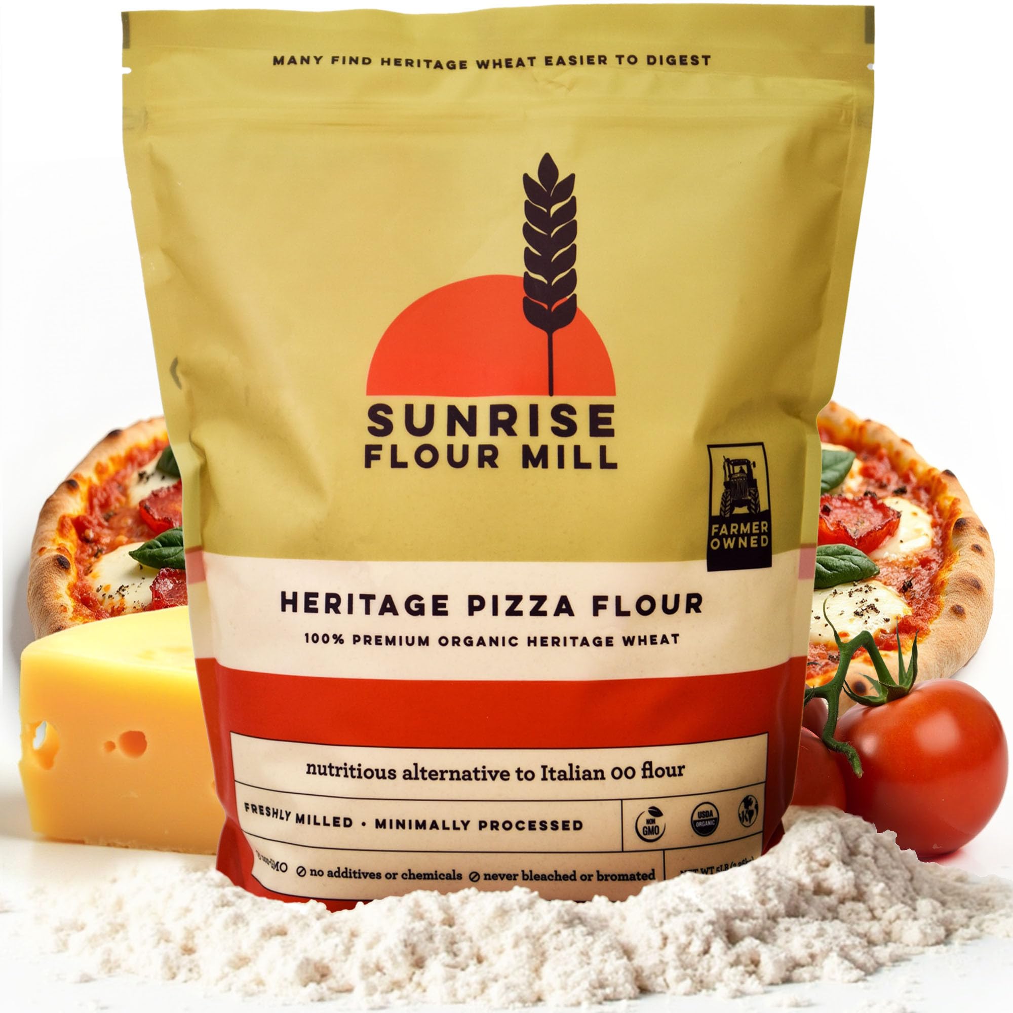 Sunrise Flour Mill USDA Organic Heritage Pizza Flour - 5 lbs | Milled from Hard Red Wheat | Easier to Digest with Less Bloating | No Bleaching or Bromating | Zero Additives