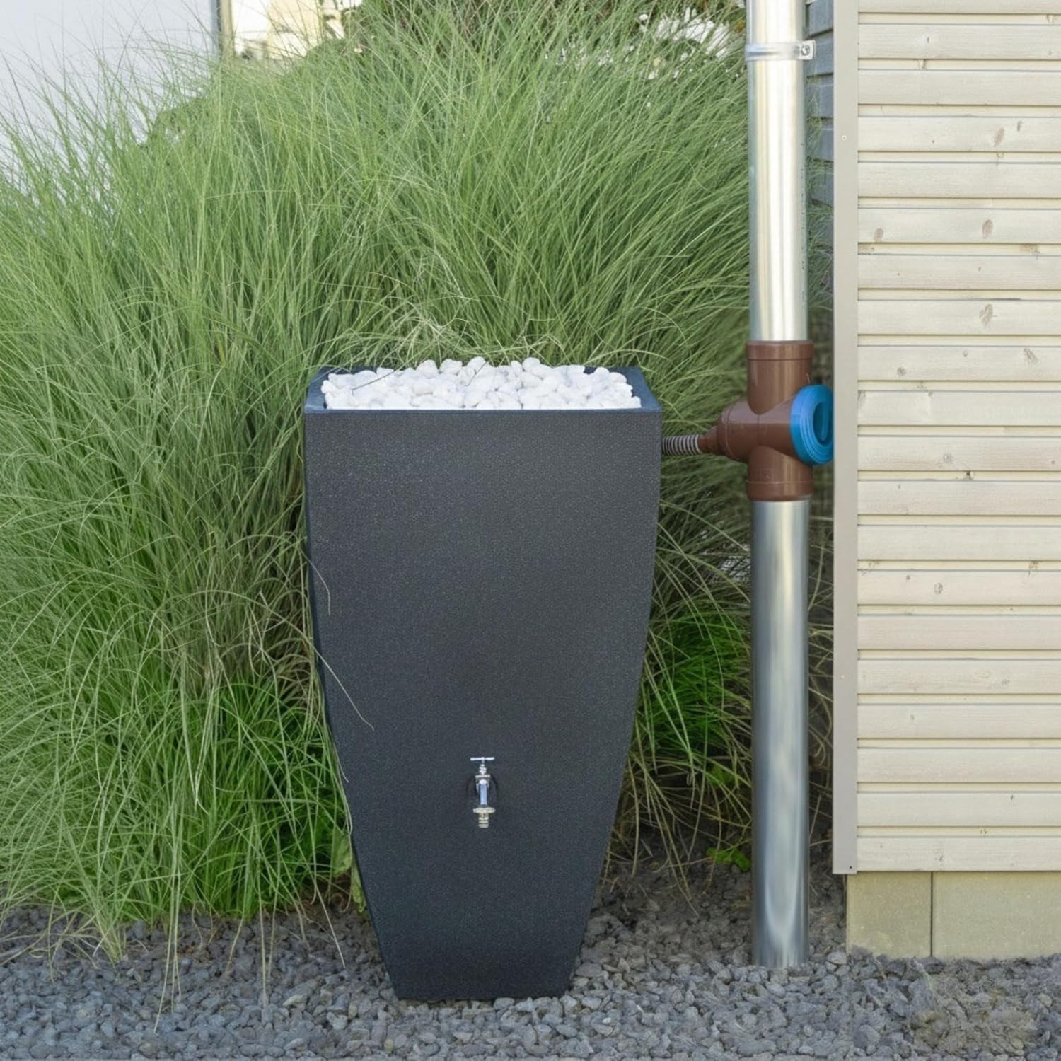 YourCasa Kolektor deszczowy z wężem łączącym 30 cm i otworem na zbiornik na deszczówkę – blokada przelewowa, kurek odcinający i filtr metalowy – rura spustowa 68-110 mm, DN100, odpływ rynny deszczowej