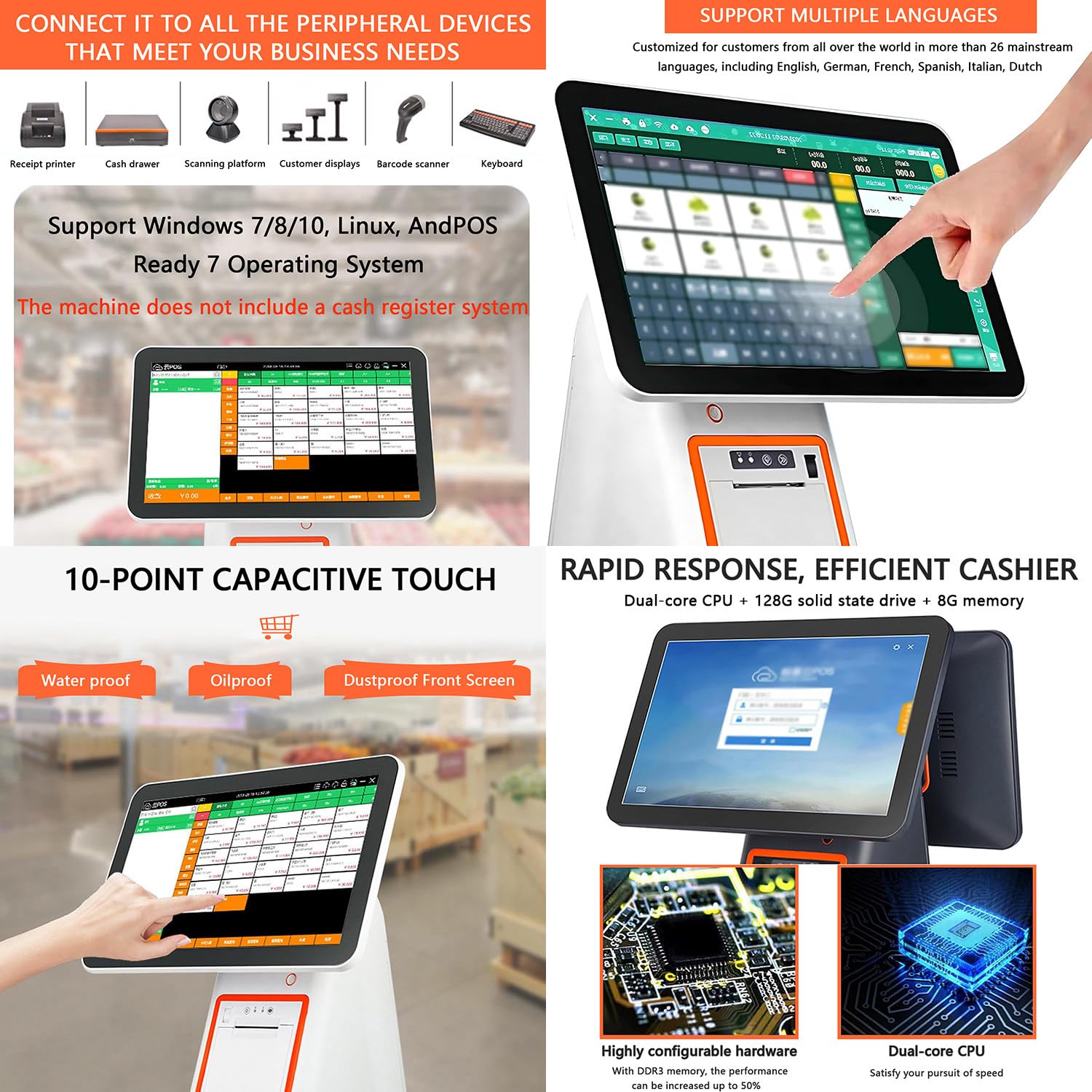 Registratore di cassa con stampante termica integrata con cassetto contanti,scanner di codici a barre,registratore di cassa touch screen per piccole imprese Registratore di cassa tutto in uno Black-A