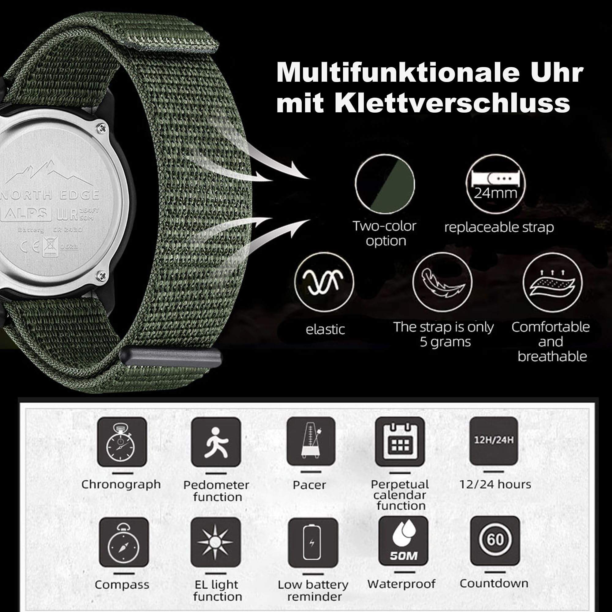 Digital Armbanduhr Herren Militär Uhr mit Schrittzähler Kompass Sportuhren Herren Outdoor Military Watch 5ATM Wasserdicht Digital Uhr Herren Chronograph Nylon Taktische Uhr Senioren Groß Jungen