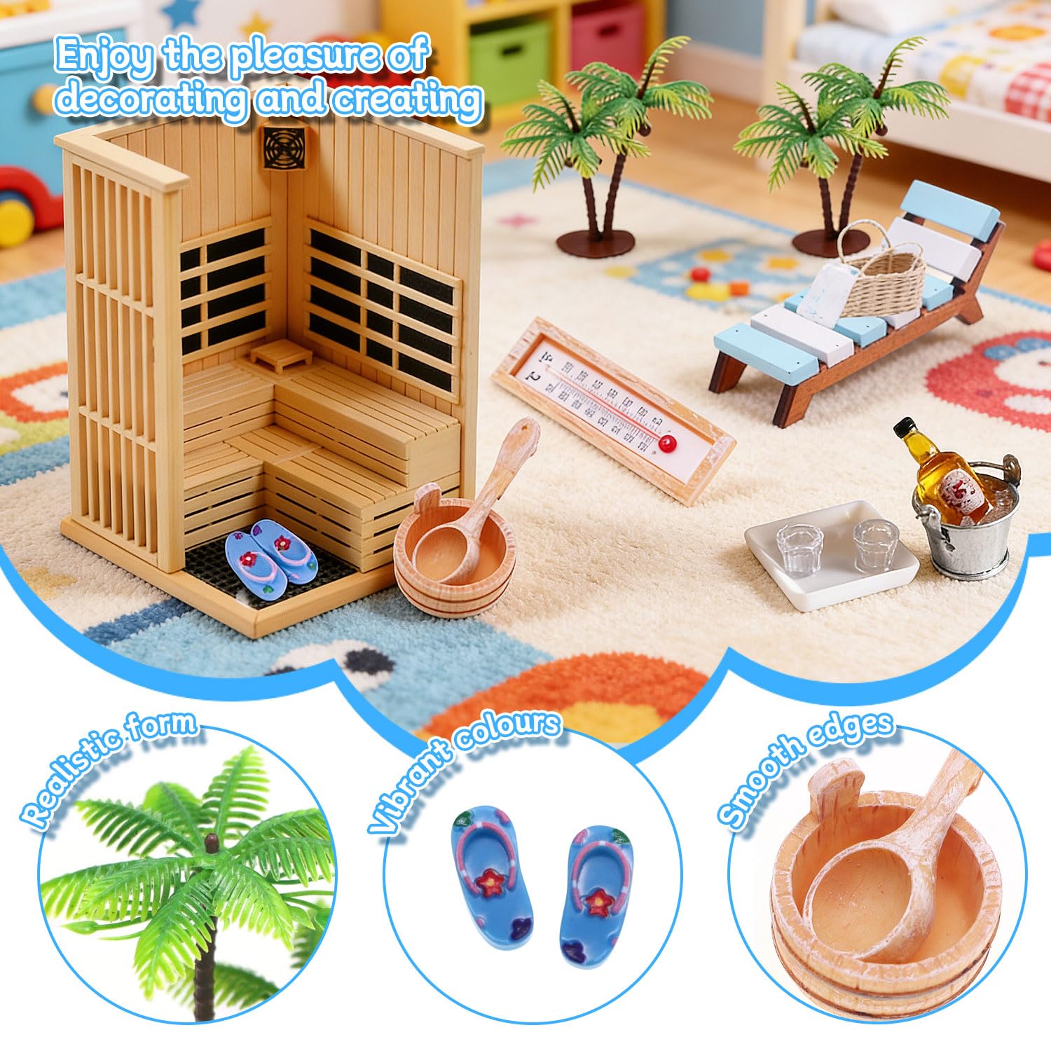 11 Stück Puppenhaus Zubehör Wichtel Zubehör Sommer Miniatur Deko Miniatur Zubehör Mini Liegestuhl Deko Klein Miniatur Garten Strandkorb Deko Miniatur Möbel Miniaturen (G: Sauna-Set)