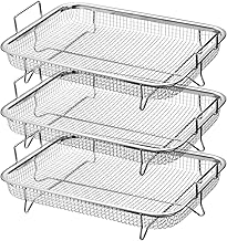 yarlung 3 Pack Air Fryer Basket for Oven, Stainless Steel Grill Basket with Handles, Non-stick Mesh Crisper Tray Basket Set Wire Rack Roasting Basket, 12''x9''x2'' Silver