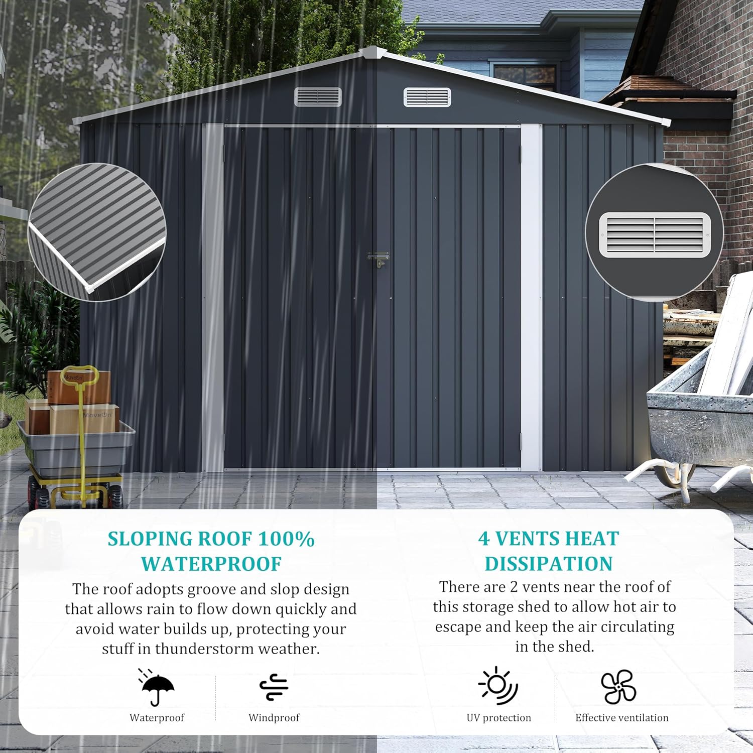 9x11FT Metal Storage Shed - Dark Gray Outdoor Shed with 3 Lockable Doors, Garden Shed for Backyard/Patio, Sheds & Outdoor Storage with 4 Vents & Waterproof Design
