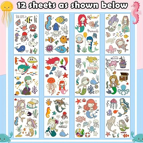 12 Sheets 130 mermaid, jellyfish, shell, and other favorite patterns Birthday Party Decorations, Glow Mermaid fake Temporary Tattoos Birthday Party Supplies Favors, Mermaid Tail Ocean Decor