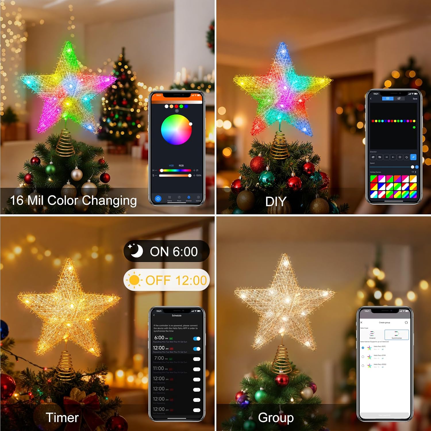 Gold Christmas Star Tree Topper, 9" Smart LED Treetop Stars Glittered Christmas Light, App Control Xmas Decor 3D Metal Hollow Designed Star with Remote for Holiday