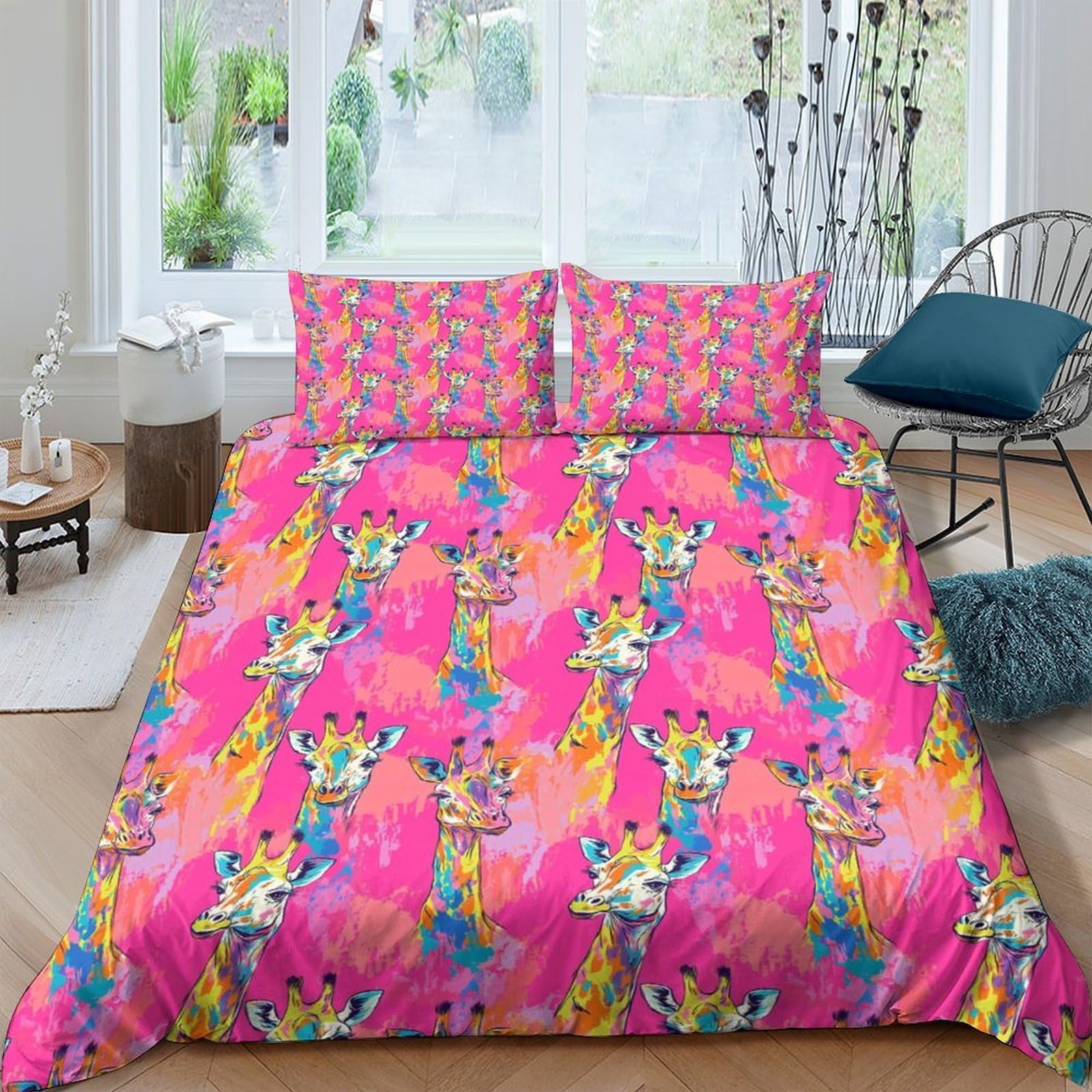 Ctjqhvkz Style-3 3D Printed Colorful Giraffe Fitted Sheet Microfiber Vibrant Pink Animal Mattress Cover For Bedroom Guestroom Dorm Decor Single（135X200cm）