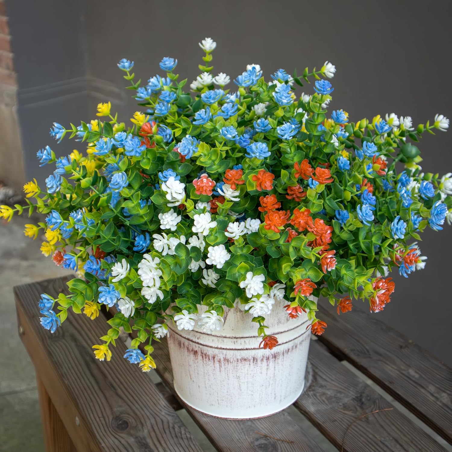 Artificial Flowers Outdoors, 16 Bundles Fake Flowers UV-Anti for Decoration Faux Plastic Plants Garden Porch Window Box Décor, Indoor Outside Autumn, Yellow Blue White Orange