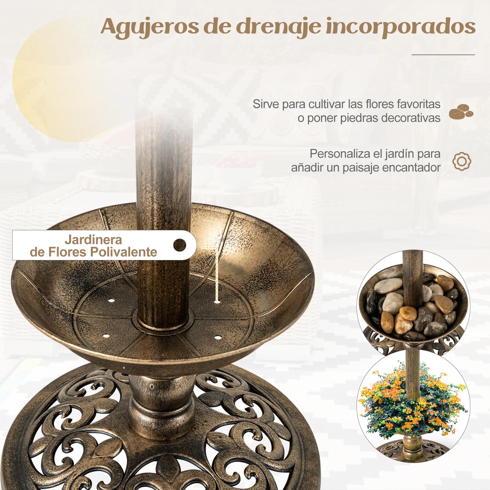 GOPLUS Comedero Pájaros con 2 Luces LED Solares, Bebedero Pájaros Exterior con Macetero de Flores y Soporte Rellenable, Decoración de Jardín Exterior, Alimentador para Aves PP 43x110cm (Bronce)