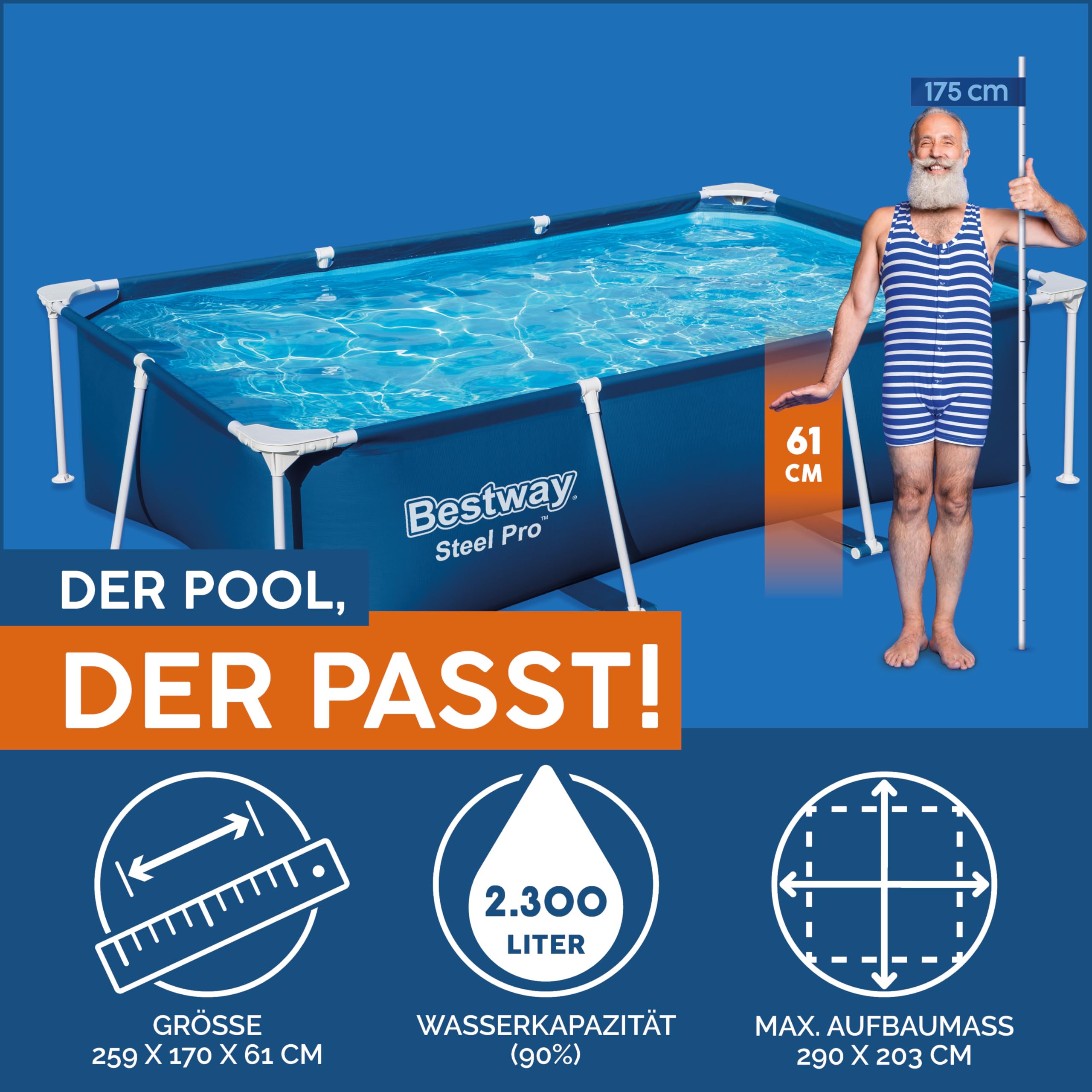 Bestway Steel Pro Frame Pool rechteckig 259 x 170 x 61 cm 2.300 Liter TriTech-Material FrameLink System korrosionsgeschützter Stahlrahmen dunkelblau
