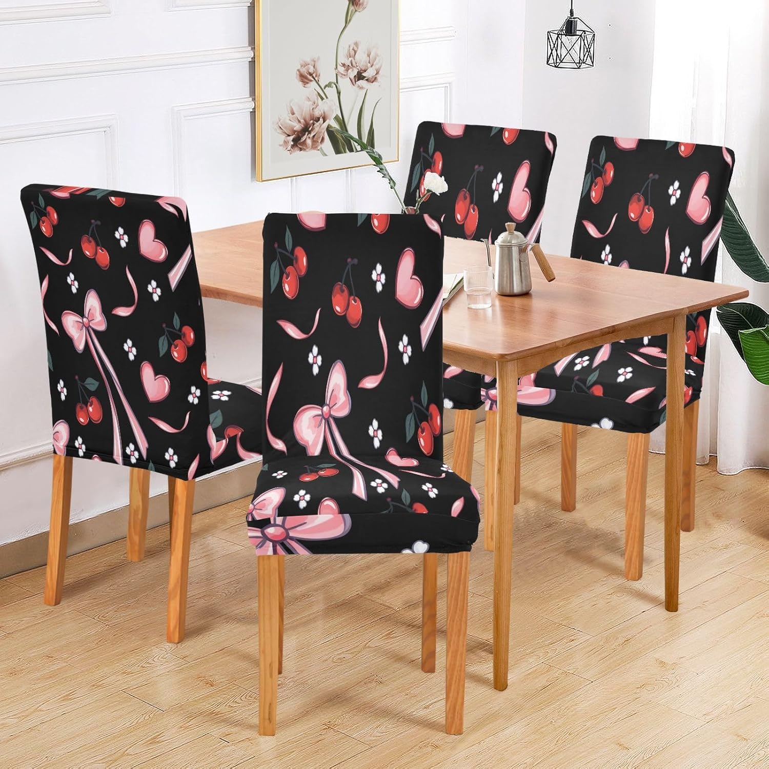 ALAZA Chair Covers for Dining Room, Hand Drawn Bow Cherry Pattern Stretch Chair Cover Sets Chair Protector Removable Washable for Ktichen Restaurant Hotel