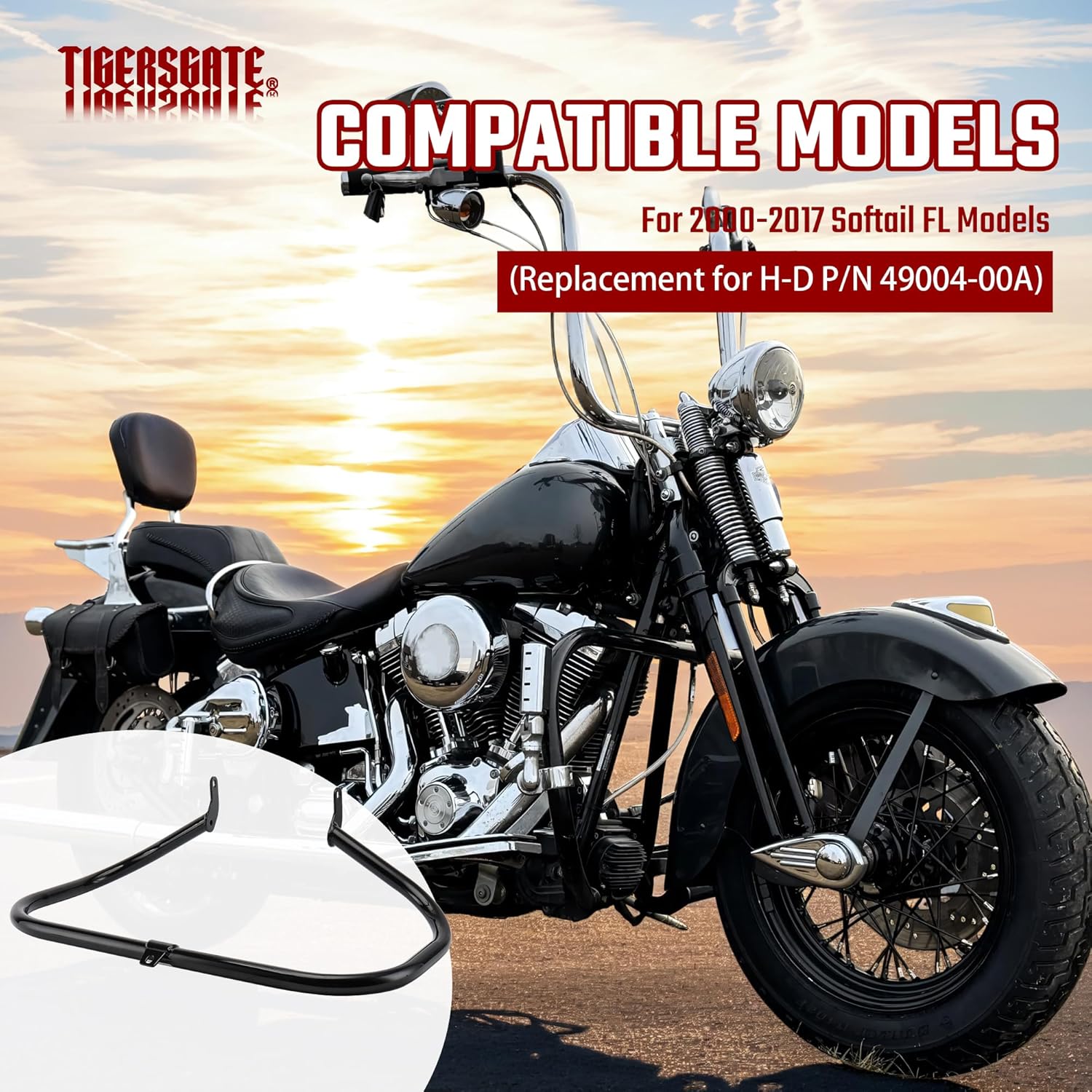 Black Softail Engine Guard Crash Bar 1.25" Fat Mustache Guard Highway Bar for 2000-2017 Harley Softail FL Models, Without Anti-Slip Pedals