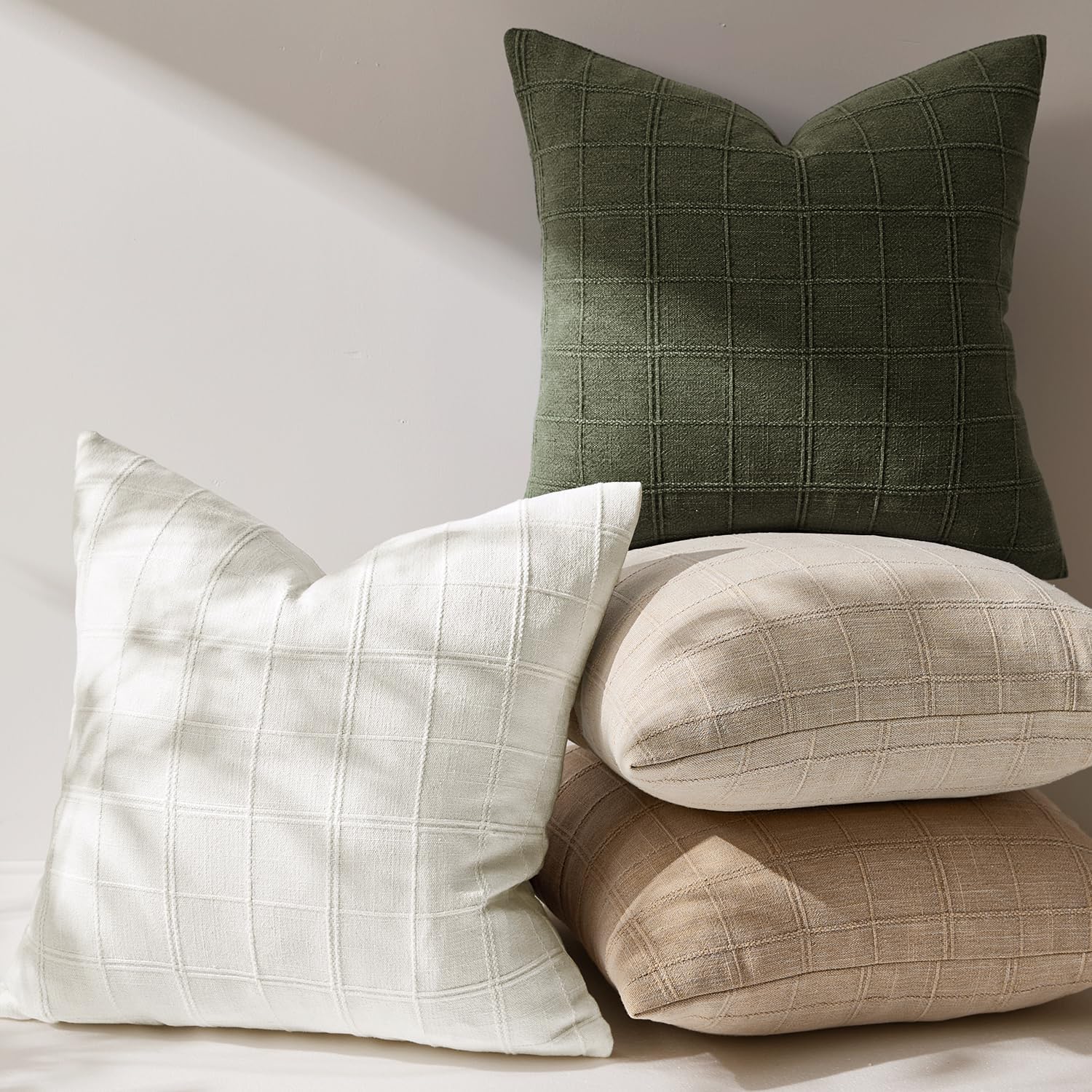 Woaboy Linen Check Throw Pillow Covers Set of 2 - Olive Green Farmhouse Modern Boho Vintage Decorative Cushion Covers Spring Home Decor for Sofa Couch Bedroom Living Room 18x18 Inch - Image 5