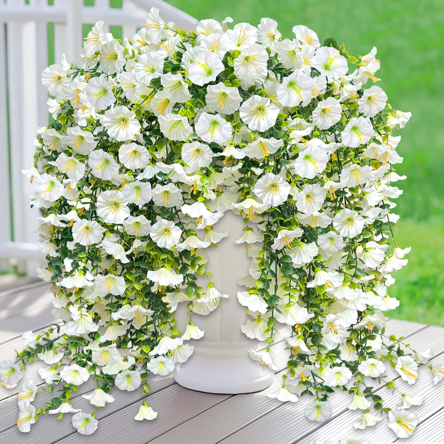 4PCS Artificial Hanging Flowers for Outdoors Summer Decoration, Fake Hanging Plants Faux Petunias with Eucalyptus, UV Resistant No Fade Plastic Realistic Silk Flowers for Porch Patio Balcony Indoor