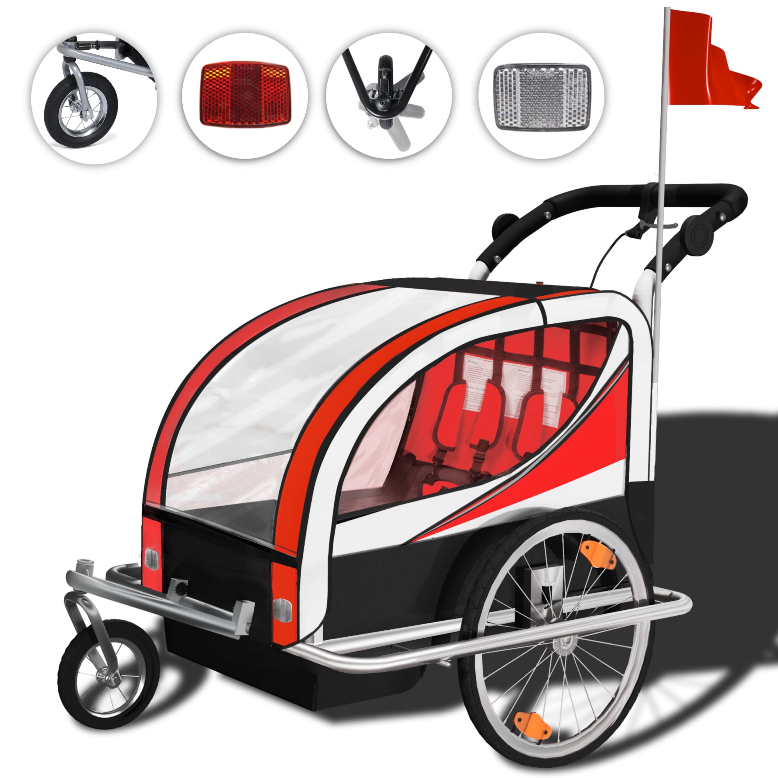 SAMAX Remolque de Bicicleta para Niños 360° girable Kit de Footing Transportín Silla Cochecito Carro Suspensíon Infantil Carro en Rojo - Silver Frame