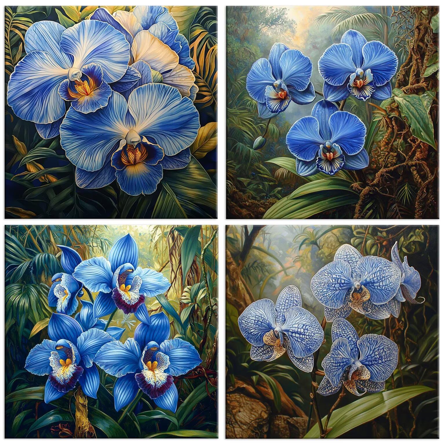 5D Diamond Painting Blaue Orchidee, Diamant Malerei Erwachsene 50x50cm w497 | 4 Pack Diamond Painings Erwachsene, 5D DIY Diamant Malerei Mosaikherstellung für Relaxation and as a Wall Deko Geschenk
