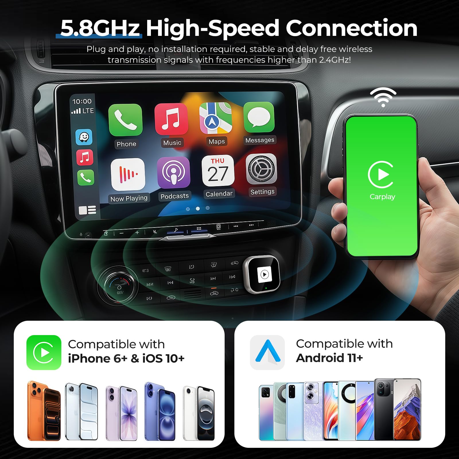 Adaptateur carplay sans Fil,Car Play sans Fil,Cle carplay sans Fil,Plug and Play,Wi-FI 5,8GHz,Convertir Filaire en sans Fil,Compatible avec Les Voitures à partir de 2016 et iOS 10+ Android11+