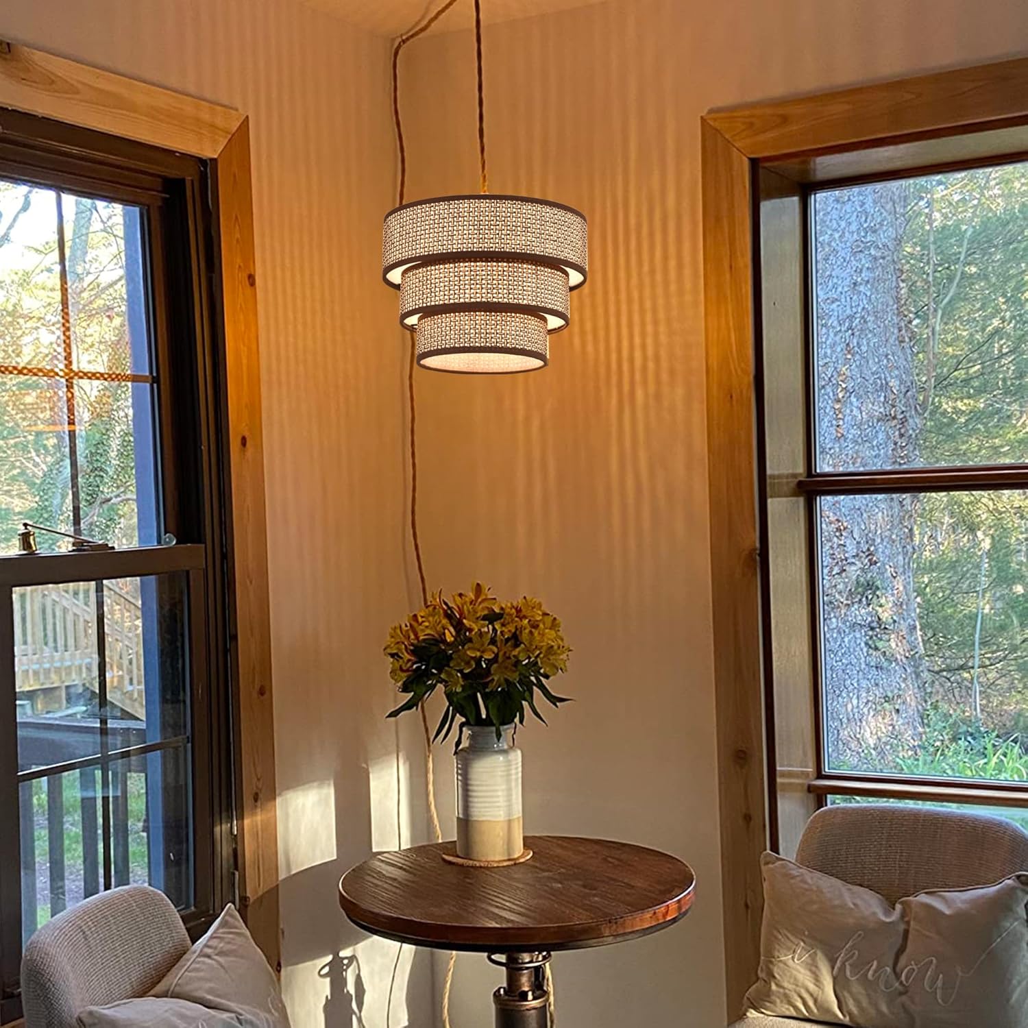 XININSUN Rattan Plug in Pendant Light Boho Wicker Lampshade Hanging Lights with Plug in Cord Plug in Chandelier for Bedroom Kitchen Dining Room Island