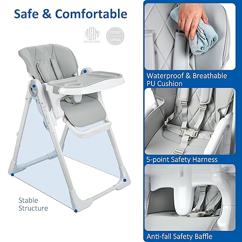 Miniatura 5 de Babevy Sillas altas para bebé, multifuncionales para bebés con altura ajustable y reclinable, silla alta plegable para bebé con bandeja extraíble,