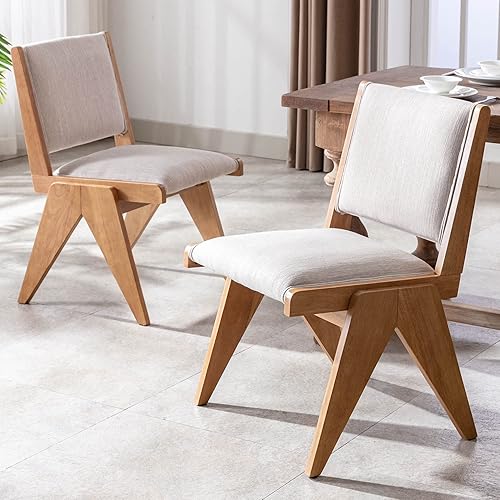 VESCASA Sillas de comedor tapizadas de lino con respaldo acolchado, modernas sillas de comedor acolchadas de mediados de siglo con patas de madera VESCASA Sillas de comedor tapizadas de lino con respaldo acolchado, modernas sillas de comedor acolchadas de mediados de siglo con patas de madera
