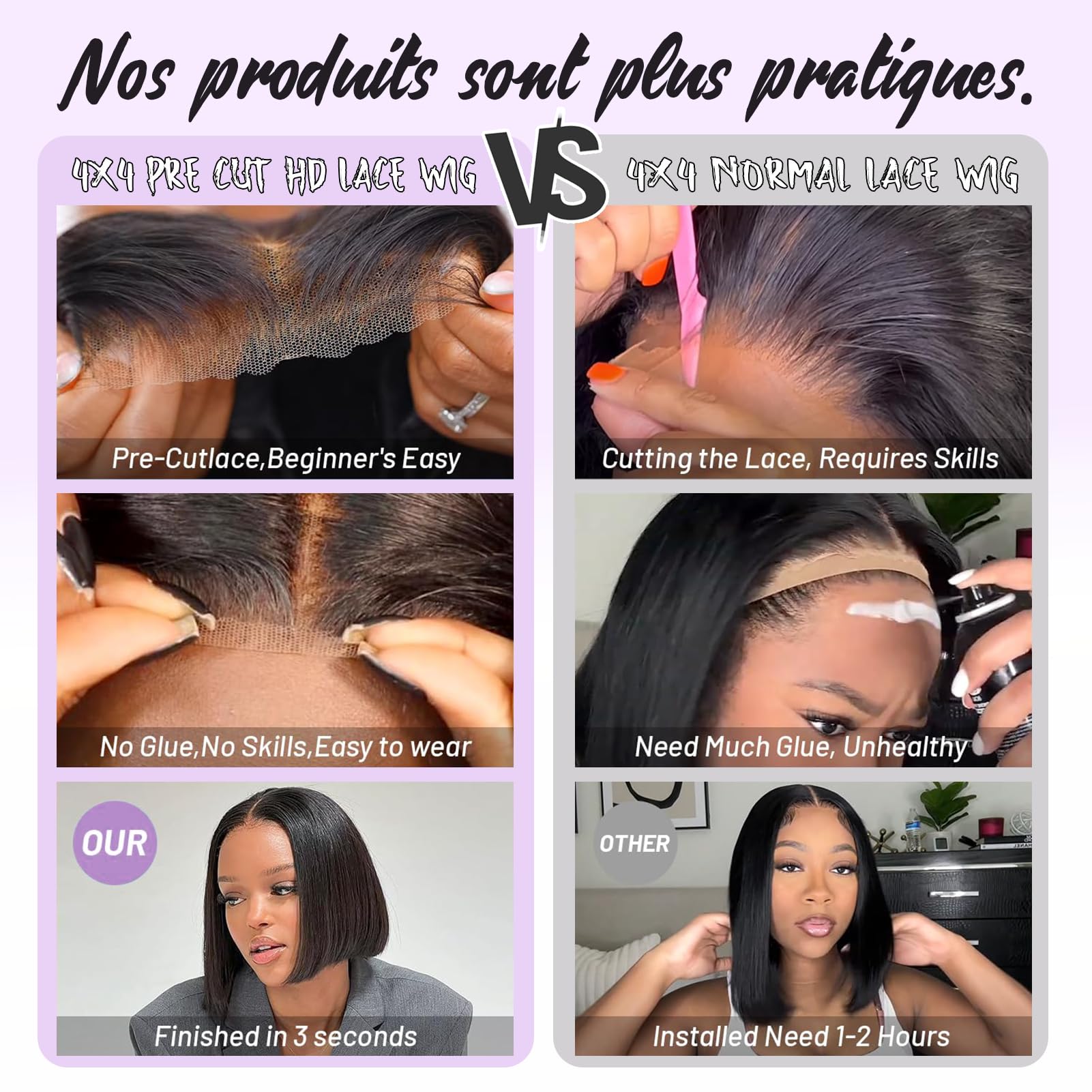 XSY Glueless Perruque Cheveux Humain Bob Wig Human Hair Wear And Go Perruque Femme Naturelle Sans Colle Pré-Découpée Pré-Épilée 4×4 Hd Perruques à Dentelle Frontale 180% Densité 10 Inch