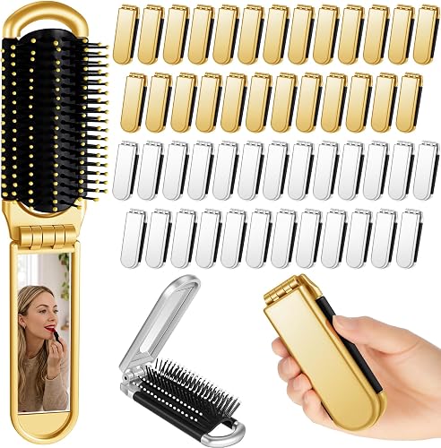 Uiifan 50 Pcs Folding Travel Brush with Mirror Bulk Small Pocket Brush Compact Portable for Men Women Hair Styling Purse Car Locker Toiletry Bag(Gold, Silver)