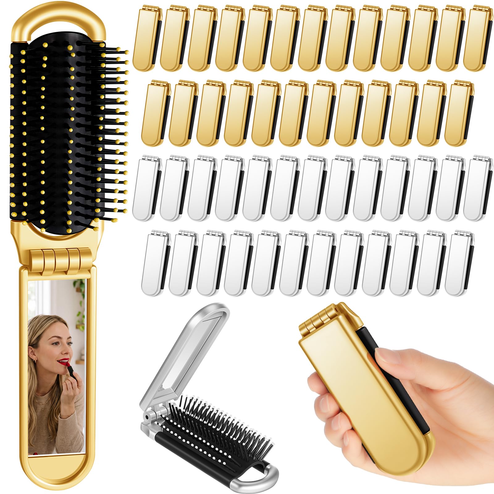 Uiifan 2-in-1 faltbares Reise-Haarbürsten-Set mit Spiegel, Mini-Tasche, kompakt, tragbar, für Damen und Herren, Salonbedarf, Hochzeitsfeier, Hotelzubehör (Gold, Silber), 50 Stück