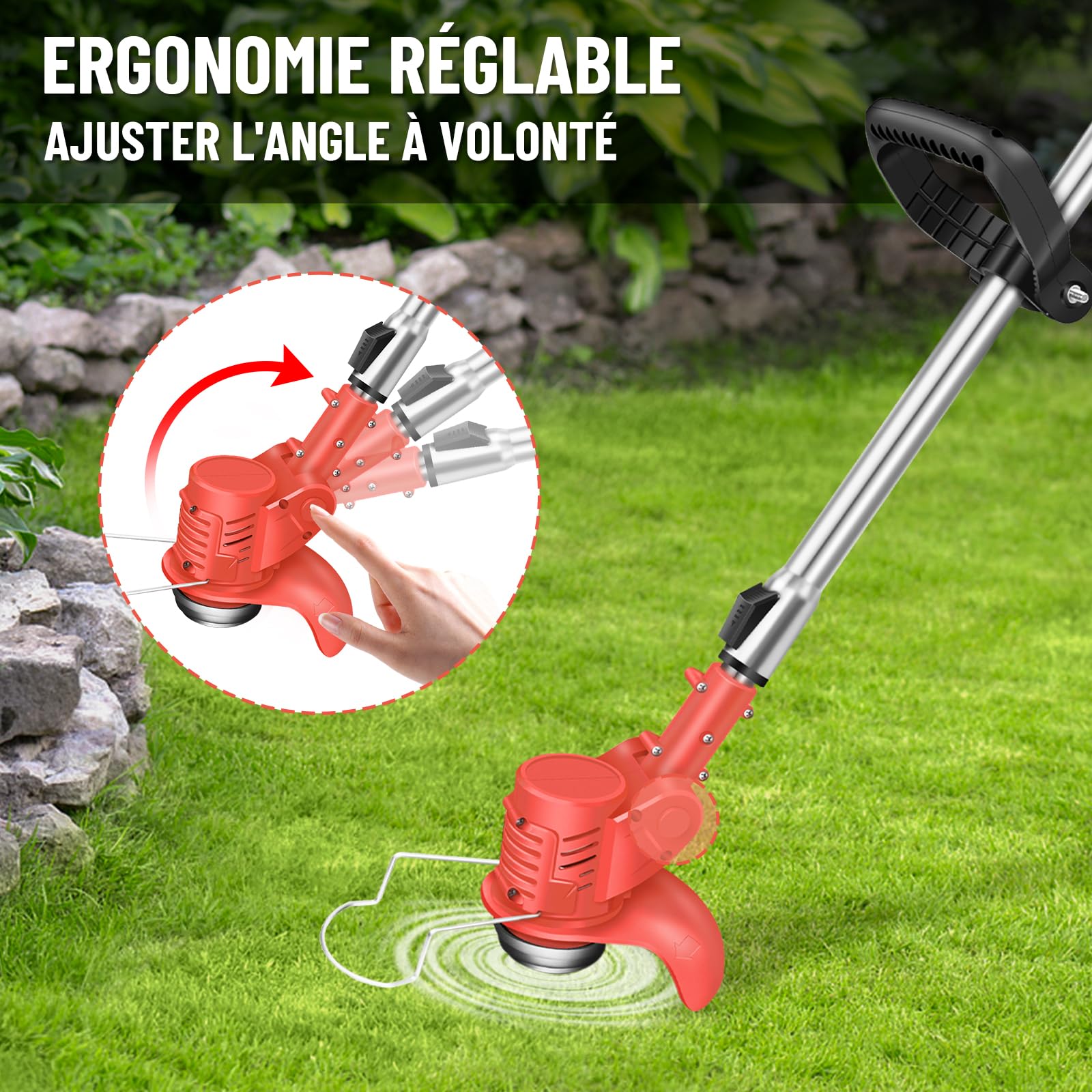 Débroussailleuse Electrique sans Fil, 21V Coupe Bordure avec 2 Batteries et Lames, Débroussailleuse à Batterie pour la Coupe de Jardin, Pelouses et Terres Agricoles (Rouge, avec 2X Batteries)