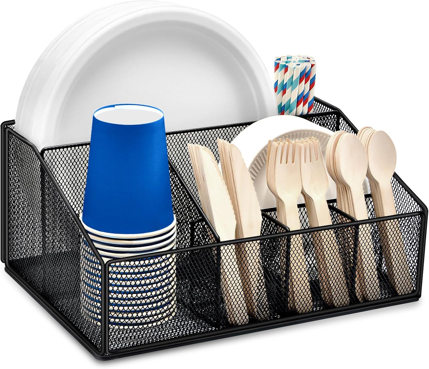 Paper Plate Holder for Countertop,Paper Plate Dispenser,Metal Silverware Caddy with 6 Compartments,Picnic and Camping Utensil Holder for Plates Cups Napkins Forks Knives Spoons-Black