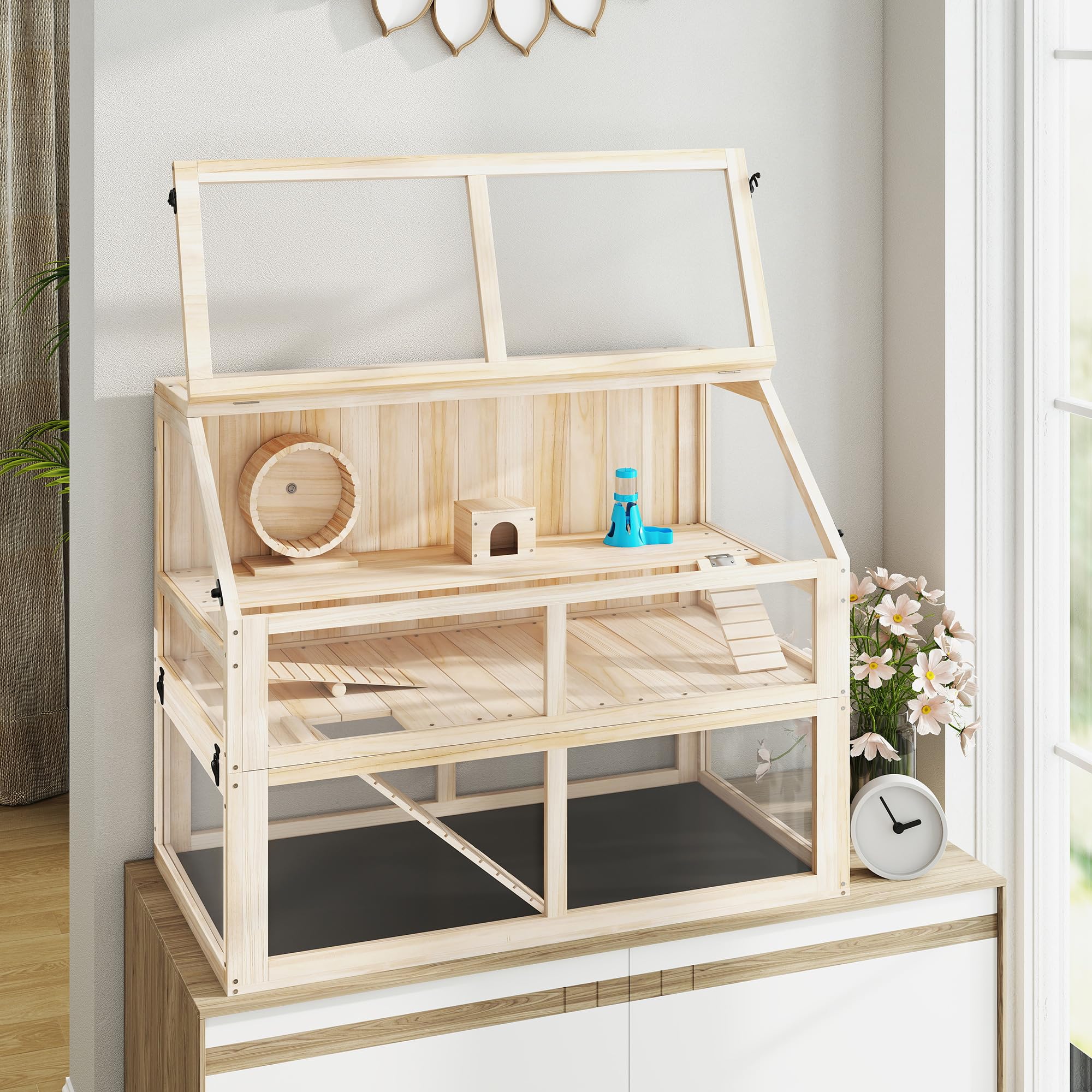 PawHut Jaula de madera para hámster de 3 niveles, 95 x 53 x 76 cm, jaula para roedores pequeños con balancín, rueda, cabaña profunda, jaula para ratones para hámster enano, madera natural