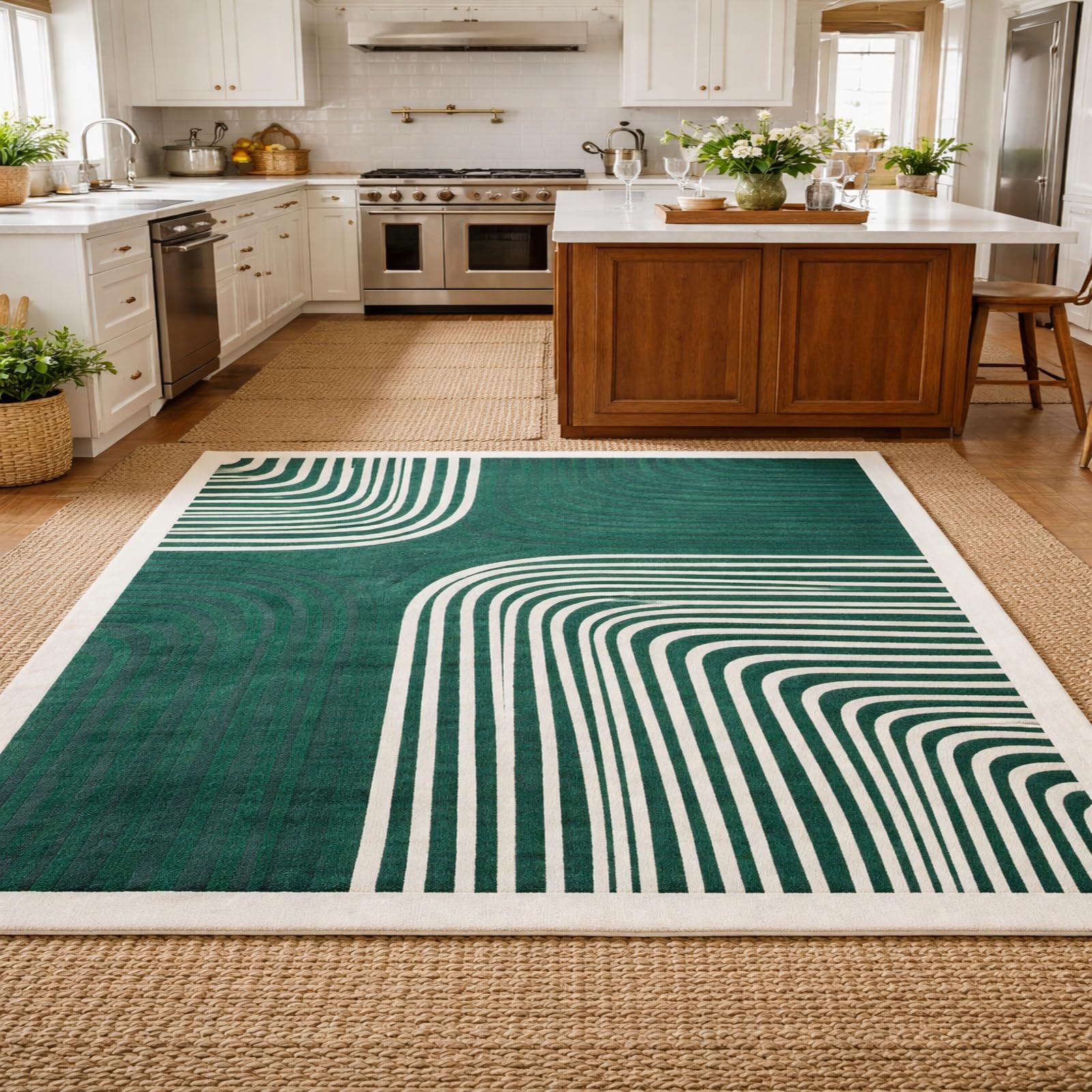 Tapis de décoration abstrait haut de gamme vert et beige 170 x 200 cm pour séjour