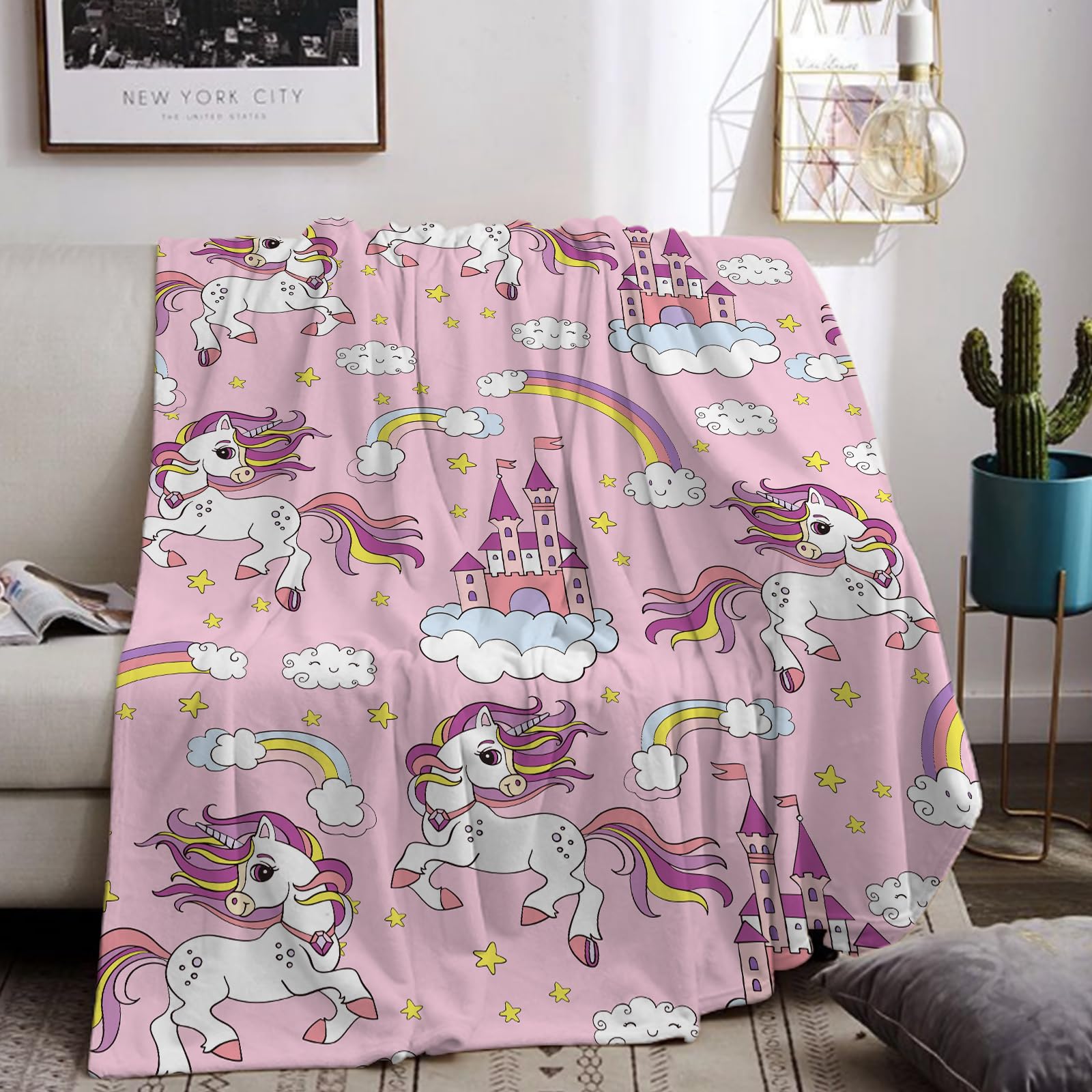 Coperta a forma di unicorno, in flanella, per bambini, colore rosa, per ragazze, morbida, ideale come regalo di compleanno, divano, letto, coperta in pile (unicorno H, 100 x 150 cm)