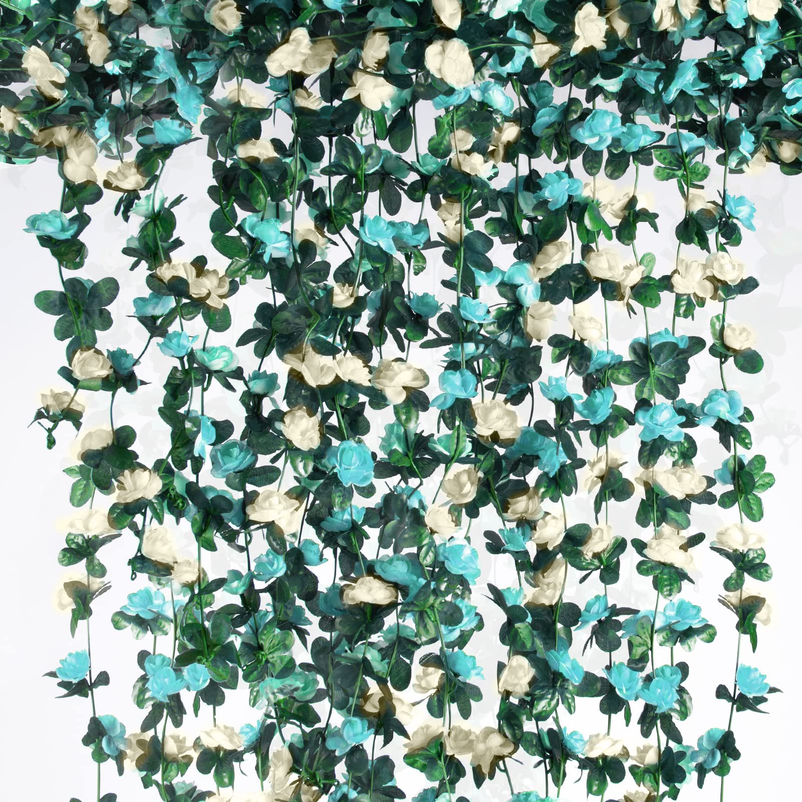 6 Stück 49 Fuß Blumengirlande, künstliche Rosenranken mit grünen Blättern, hängende künstliche Rosenranken für Zimmer, Jahrestag, Hochzeit, Geburtstag, Weihnachten, Wandbogen-Dekor, weiß-blaue Blume
