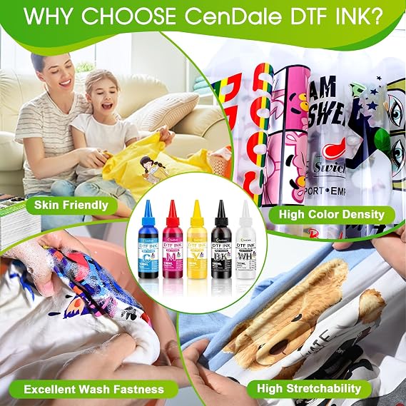 CenDale DTF Ink 600ML - Upgraded 3.0-5.0 cP Viscosity DTF Transfer Ink for Epson ET-8550 XP-15000 L1800 L805 R1390 R2400 1430 DTF Printers, Heat Transfer Printing to DTF Film, No Sediment