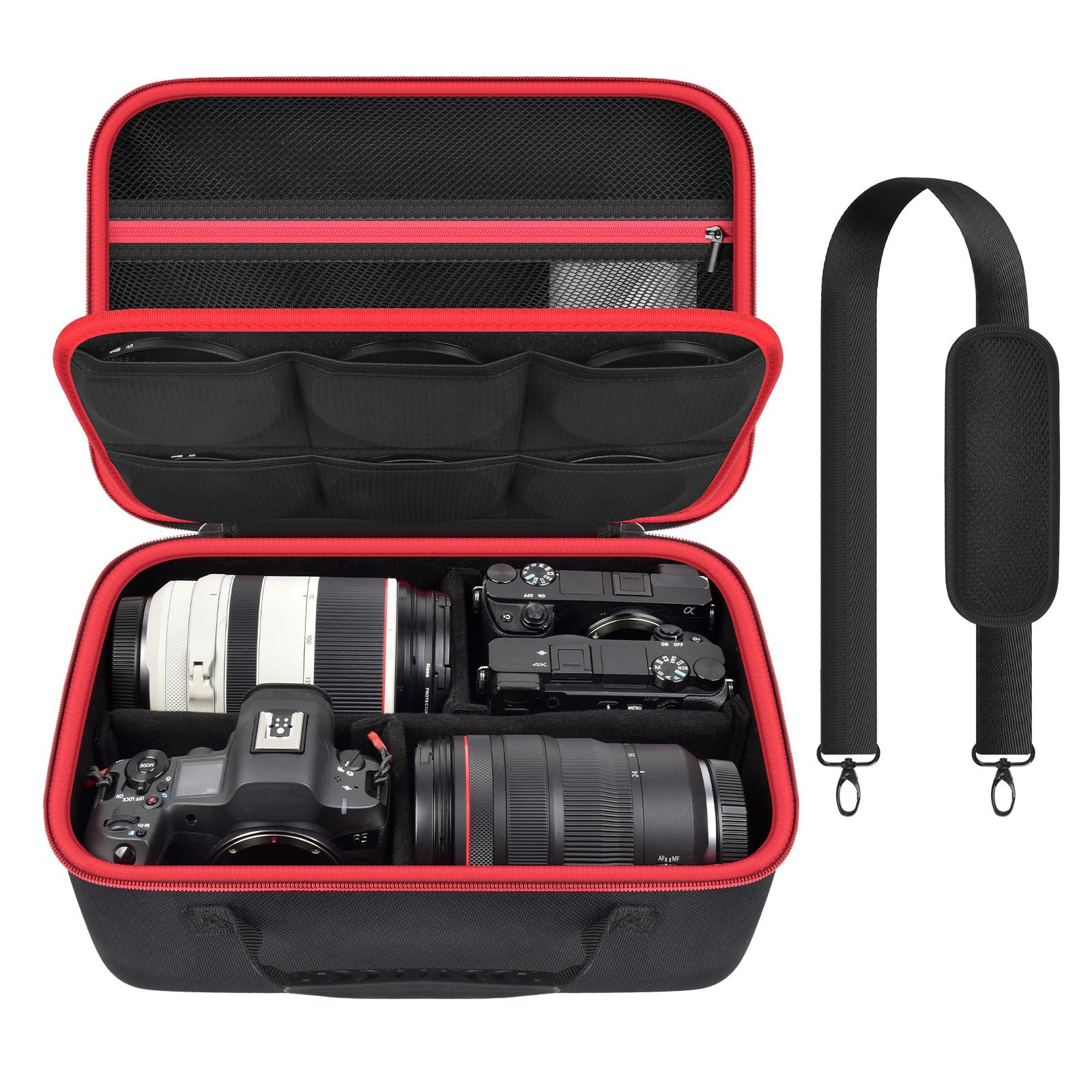 Custodia per fotocamera Canon EOS Rebel T7/R50/R6 Mark II/R100, per Sony Alpha 7 IV/ ZV-E10/ A6400/ A6700/A6100, per Nikon D7500 DSLR SLR, borsa per obiettivo/batteria/treppiede, con tracolla - solo